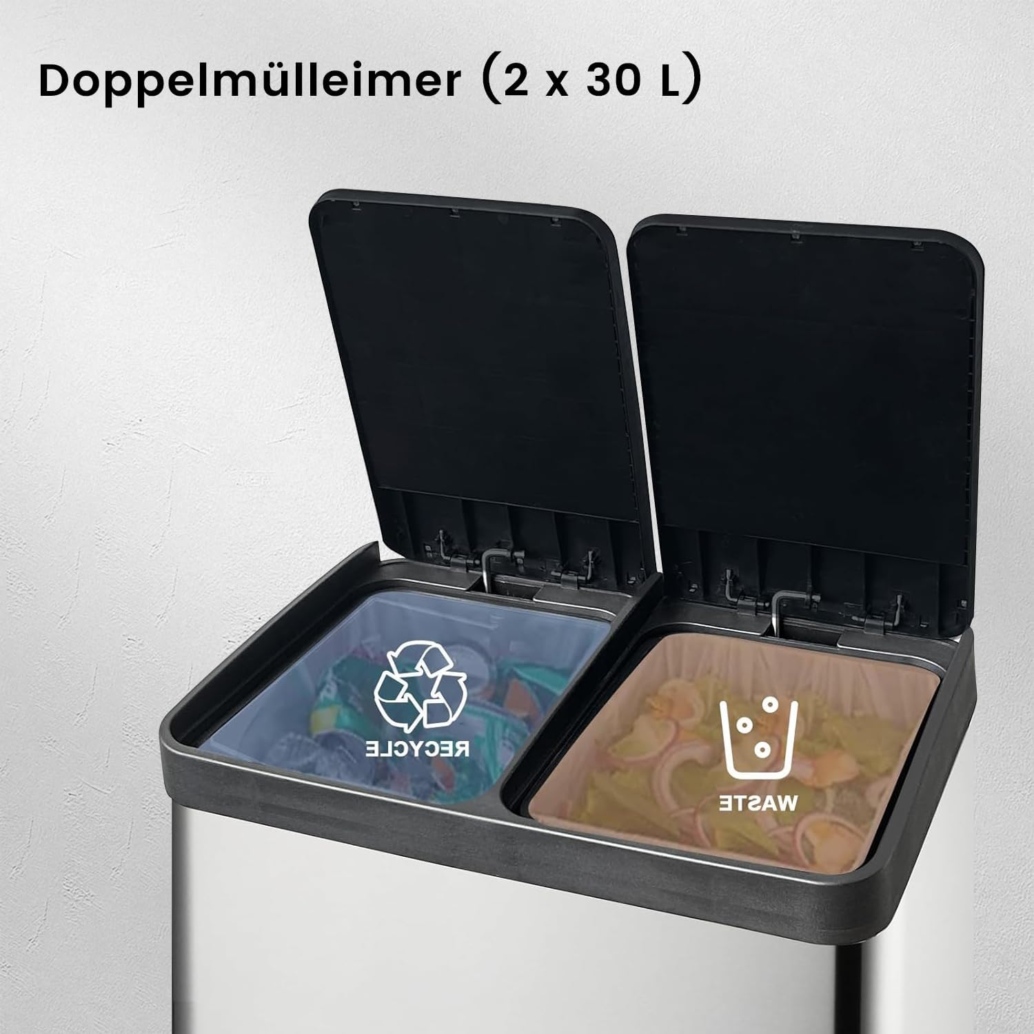 Mülleimer Küche 60l, 2x30L Mülltrennsystem, Tretmülleimer, Silber | Mülleimer 2 Fächer, Edelstahl, Herausnehmbarer Inneneimer,Mülleimer Geruchsdicht, Softclose Deckel, Für Mülltrennung Küche