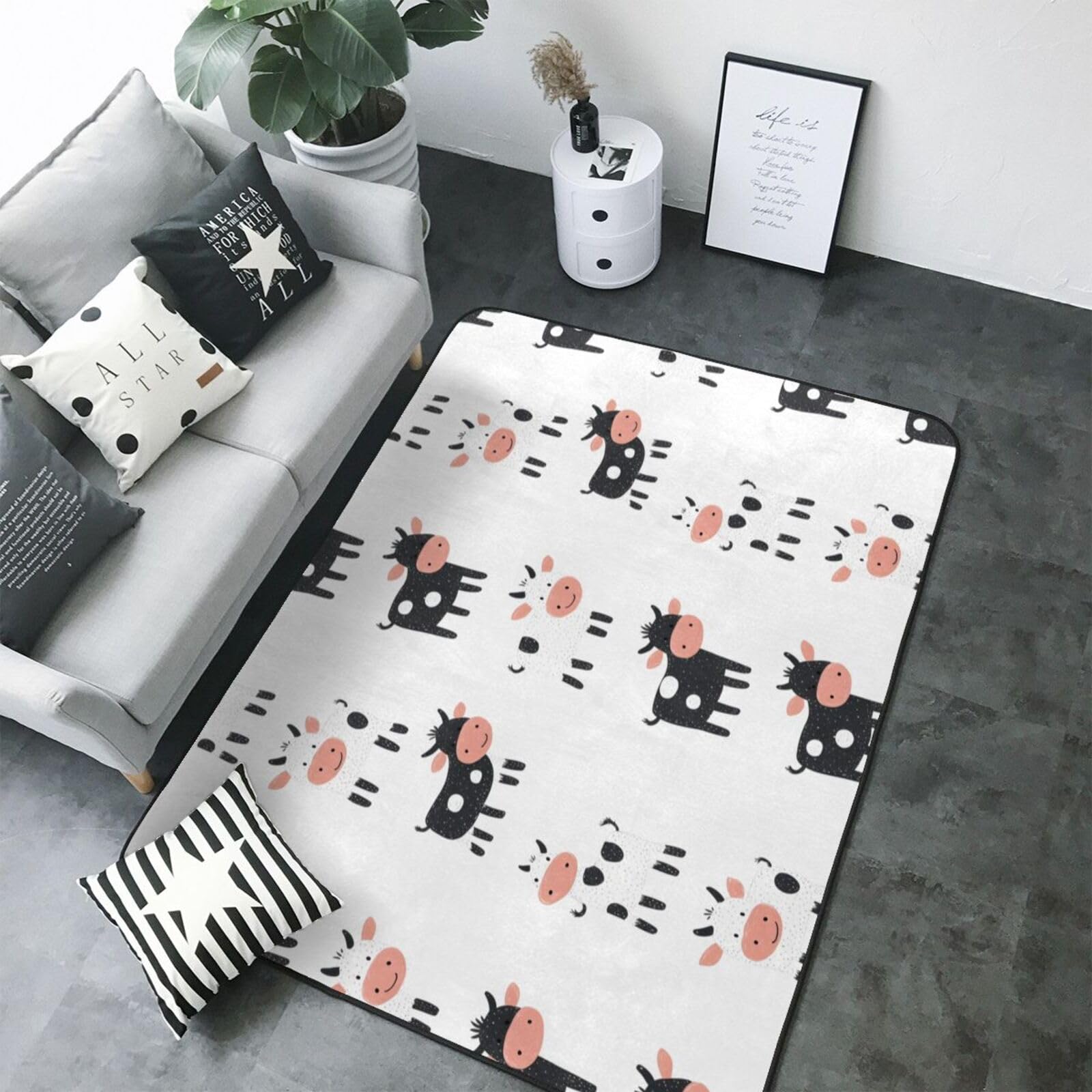 Tapis de salon antidérapant grand format et lavable motif vache