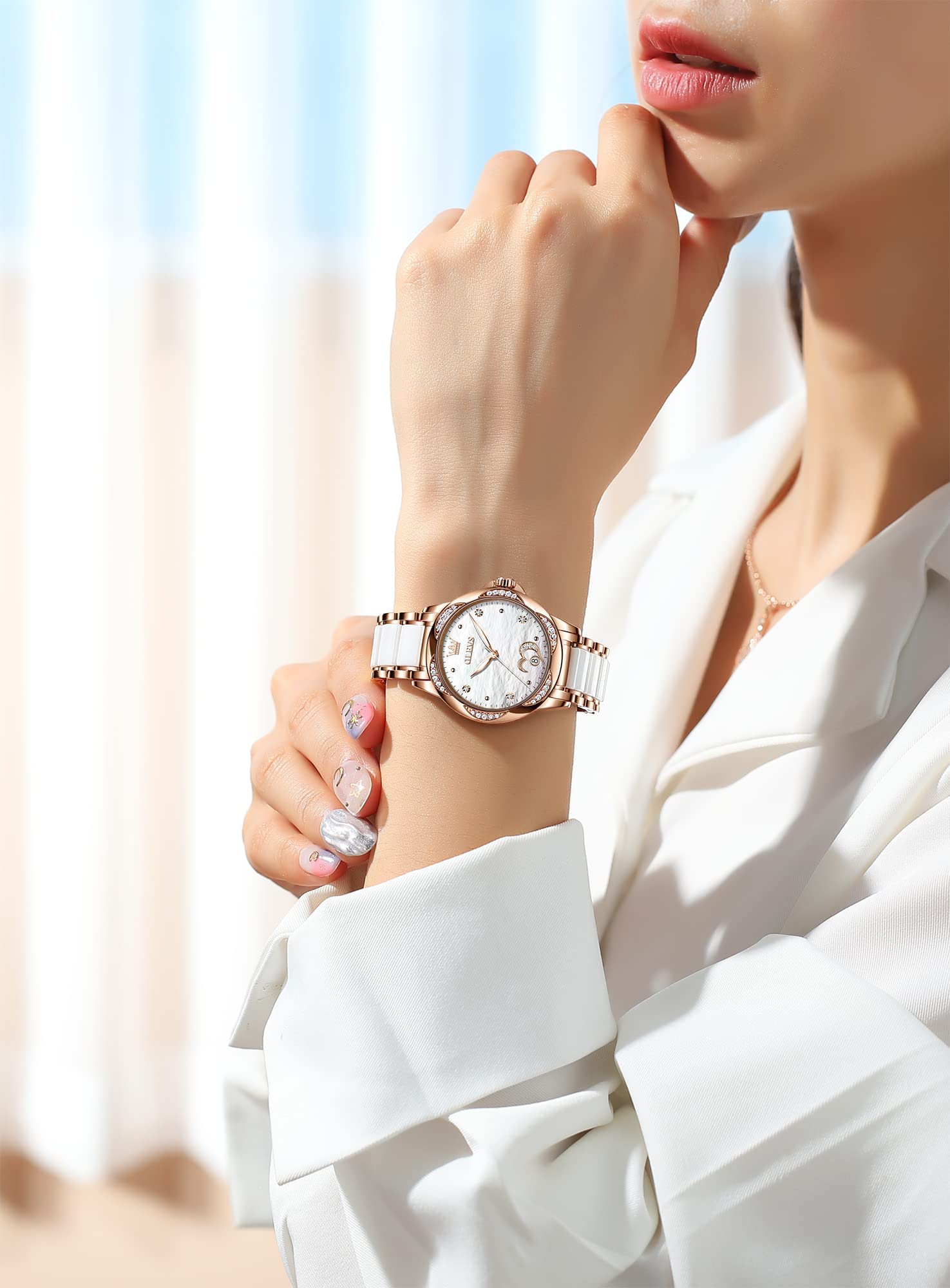 OLEVS Orologio da donna automatico a carica automatica, in oro rosa con diamanti, orologio da polso in ceramica bianca per donne Love Heart Date, Quadrante bianco, orologio automatico