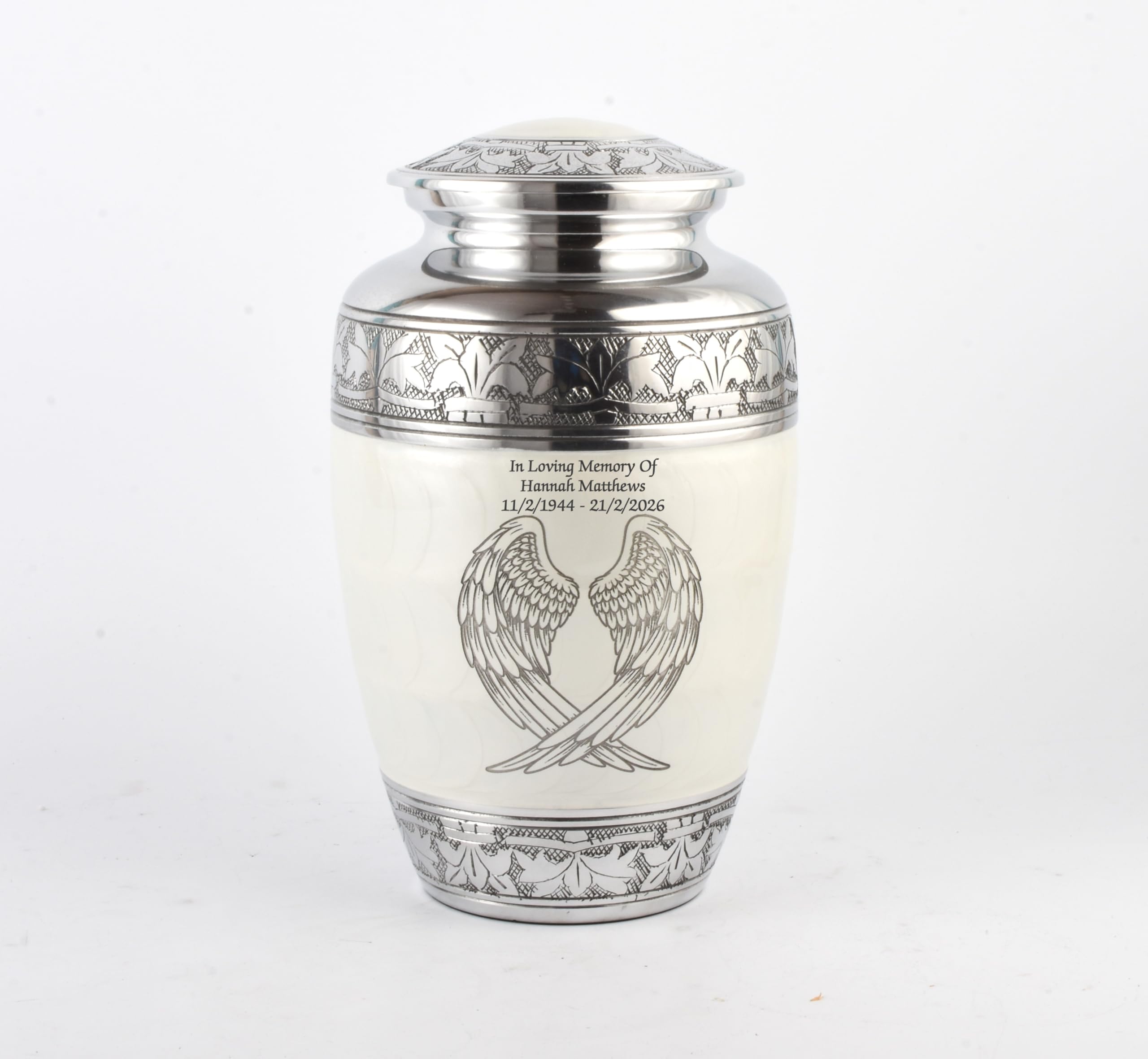 Angel Wing Cremation Urn for Adult Ashes – Durable Aluminium Funeral Container – Memorial Vessel with Engraved Design Securely Holds Human Remains up to 90kg or 14 Stone (Personalised PearlWhite)
