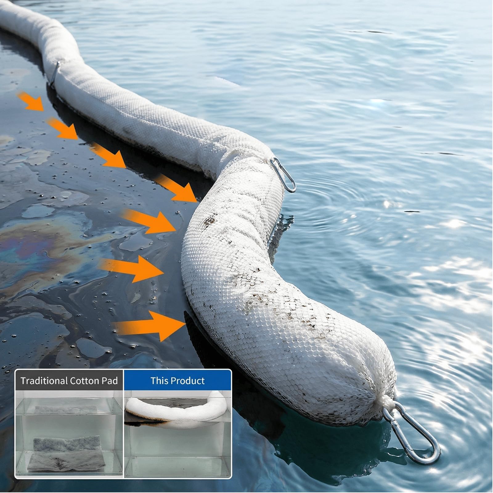 Barreras de contención de derrames de petróleo, Paquete de 3 barreras flotantes de contención de petróleo y Mangas absorbentes para el Control de derrames - Uso en muelles y estanq