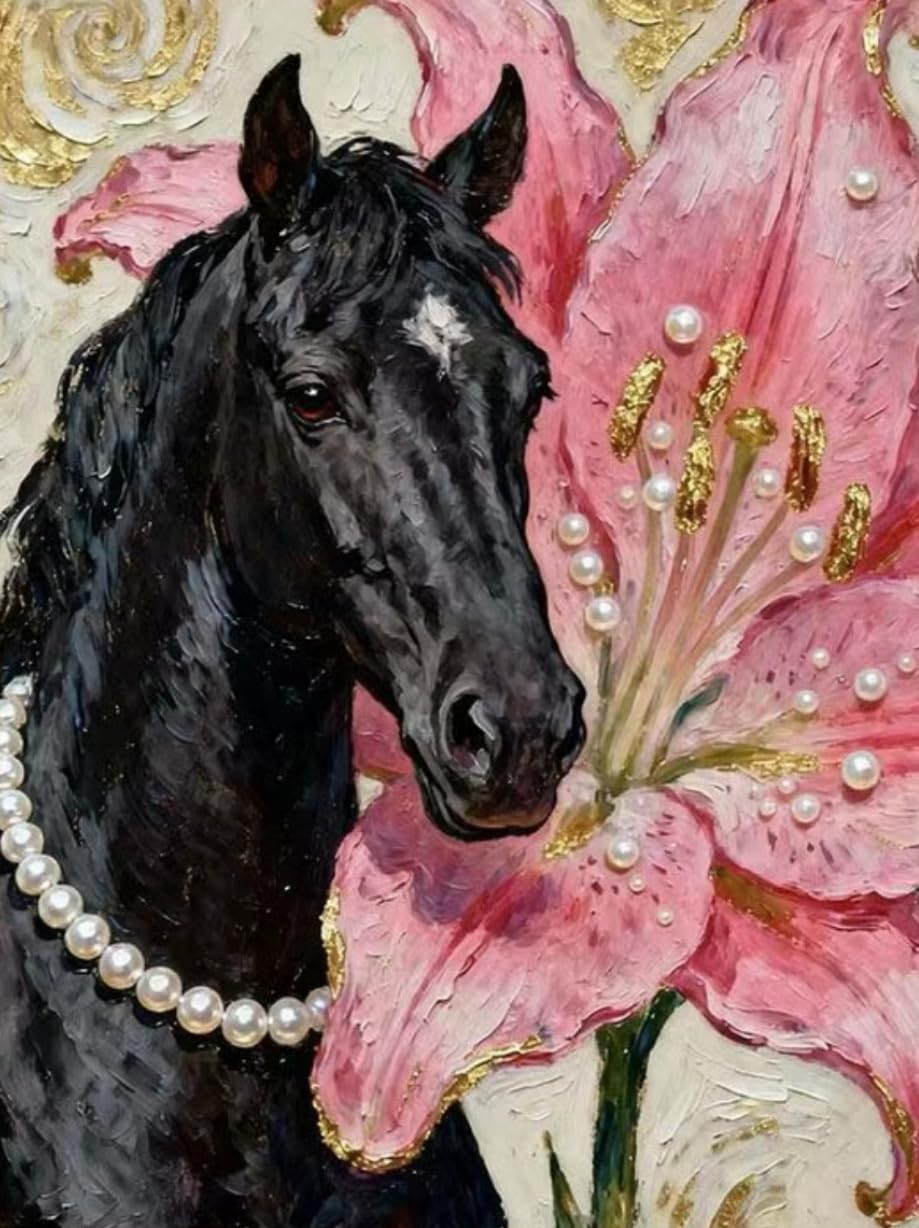 WANGWANGMIAO Paint by Numbers-Hundred Pearls Dark Horse DIY Canvas Oil Painting Kit for Adults Beginner with Paint Brushes and Acrylic Pigment,16X20 Inch，with Frame