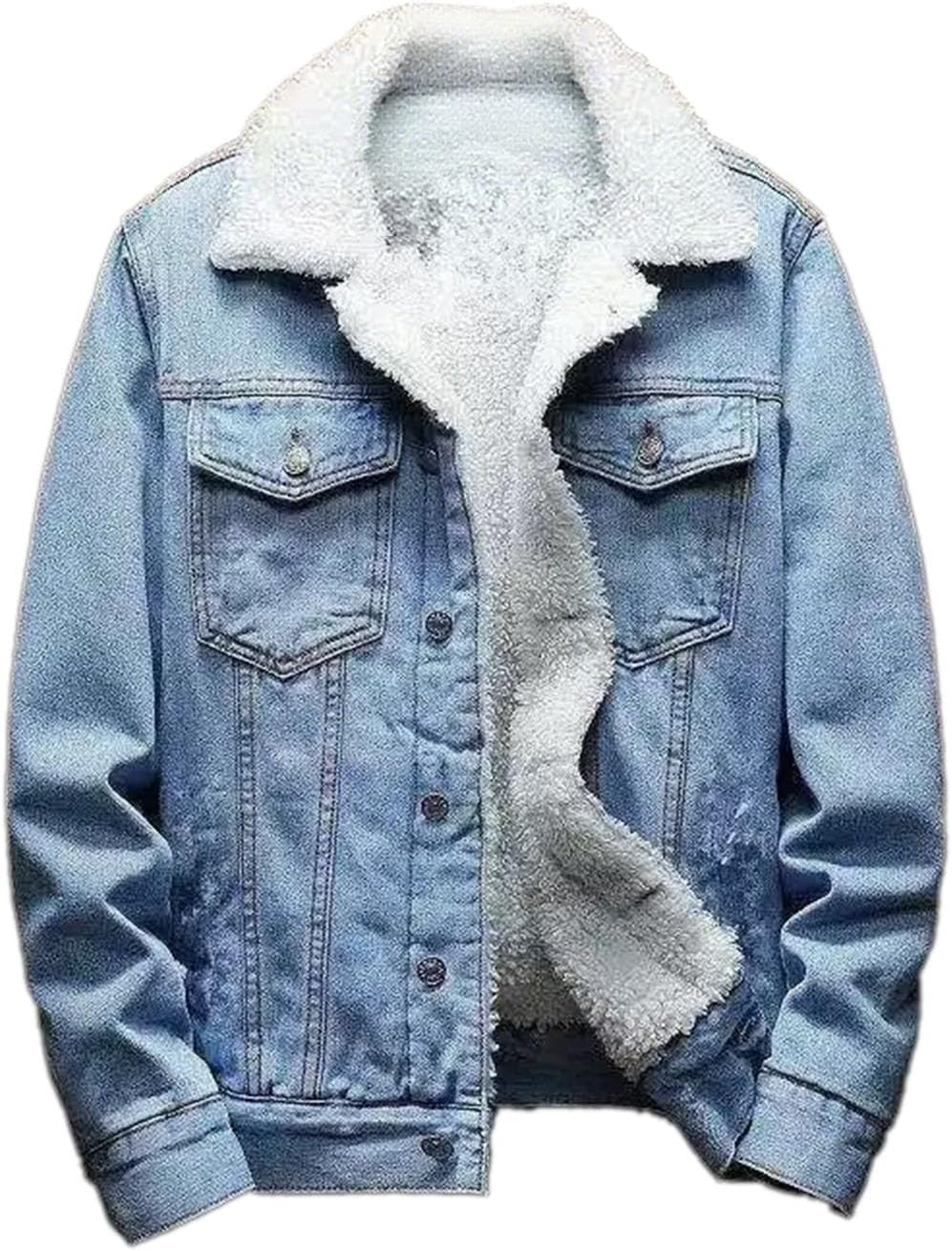 Men's Wool Lined Jean Jacket, Lapel Sherpa Fleece Thermal Thicken Denim Trucker Jacket Coats
