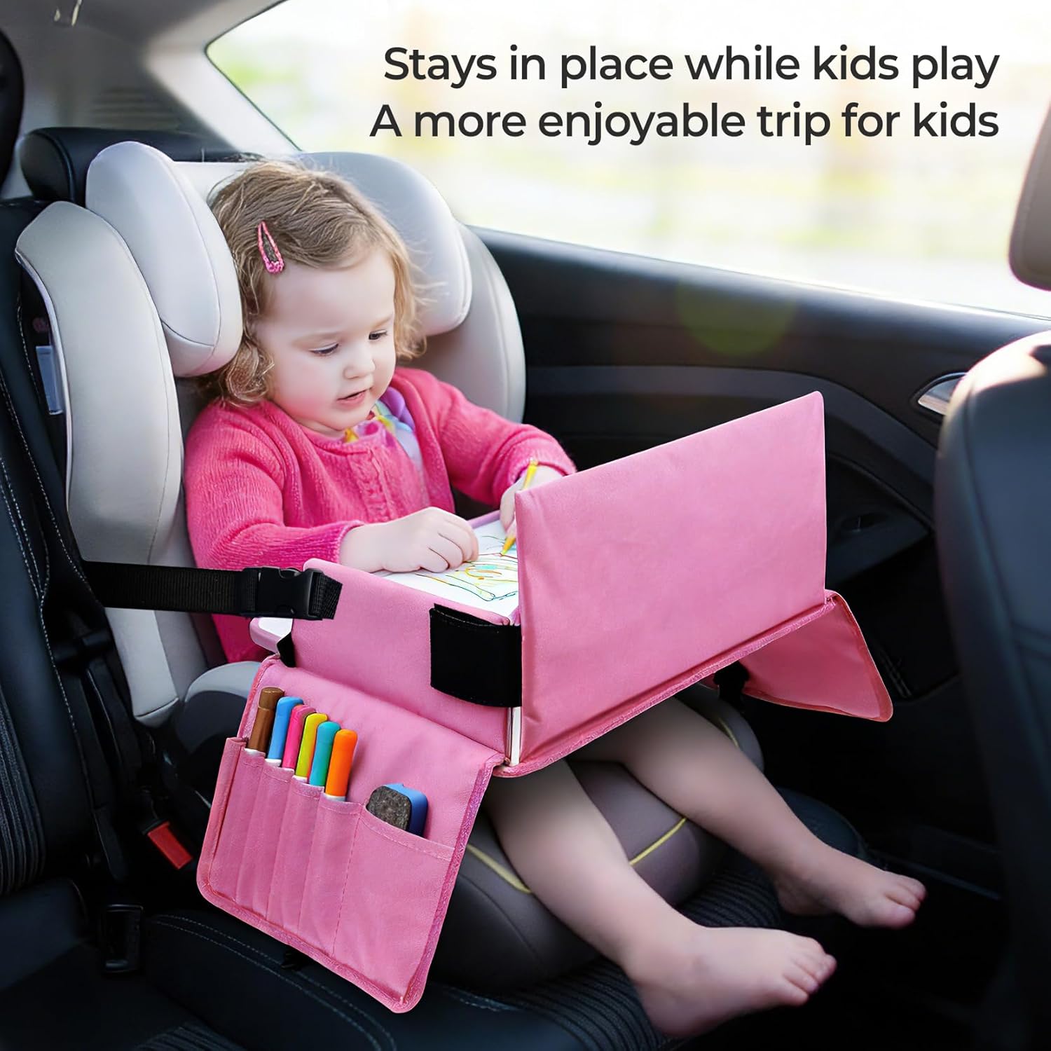 car seat tray for kids travel, carseat tray for toddler road trip activities, car trays for kids road trip essentials, travel trays for airplane, toddler car seat lap table - pink