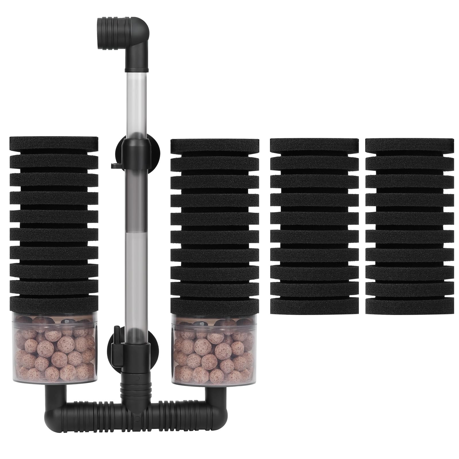 AQUANEAT Aquarium Air Powered Sponge Filter with Ceramic Media Balls, for Betta Fry Shrimp Fish Tank, with 2 Spare Sponges, up to 55Gal