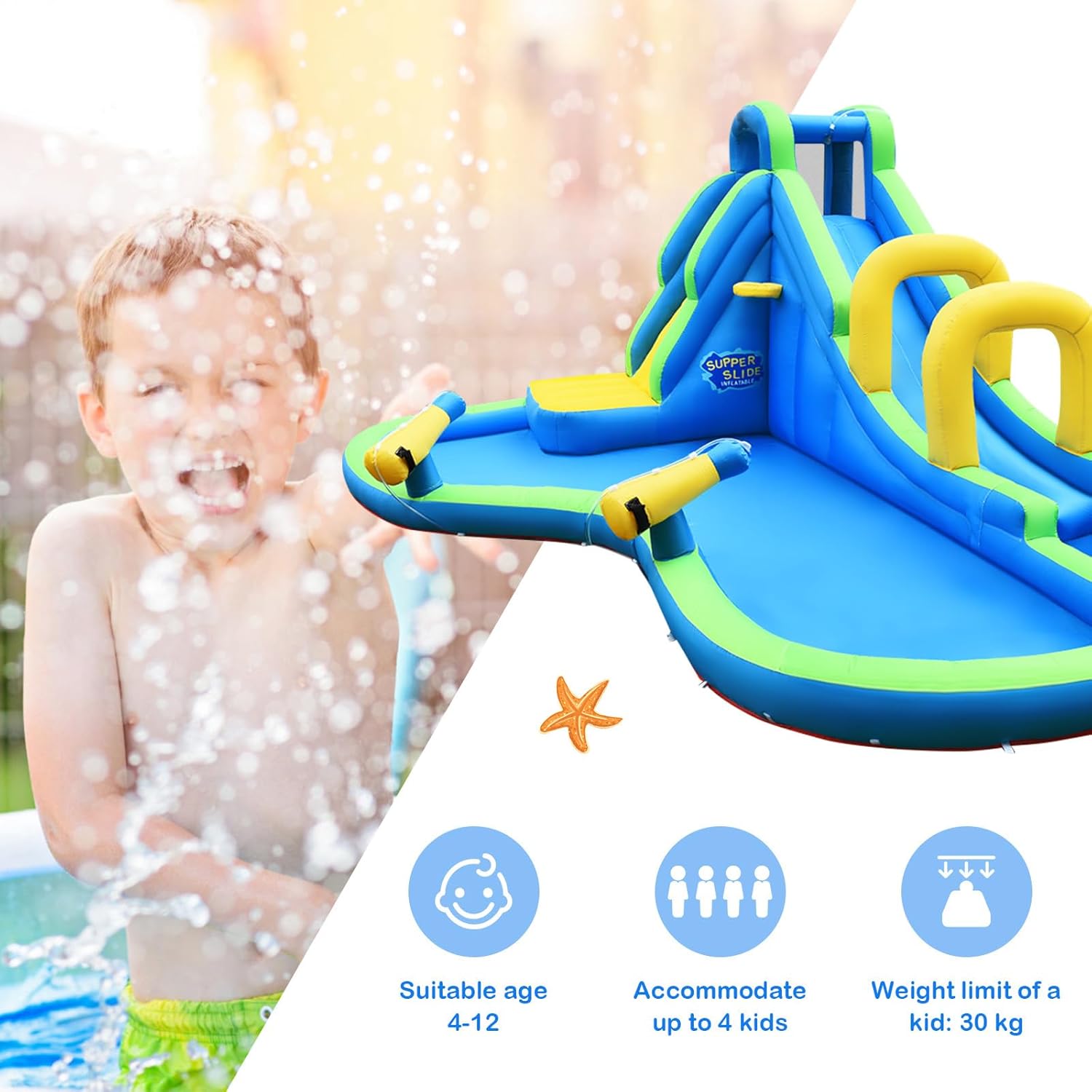 Inflatable Water Slide, Blow up Bounce House Water Park with Climbing Wall, Splash Pool & Long Slide, Indoor Outdoor Waterslide for Kids Adults Party Gifts (without Blower)
