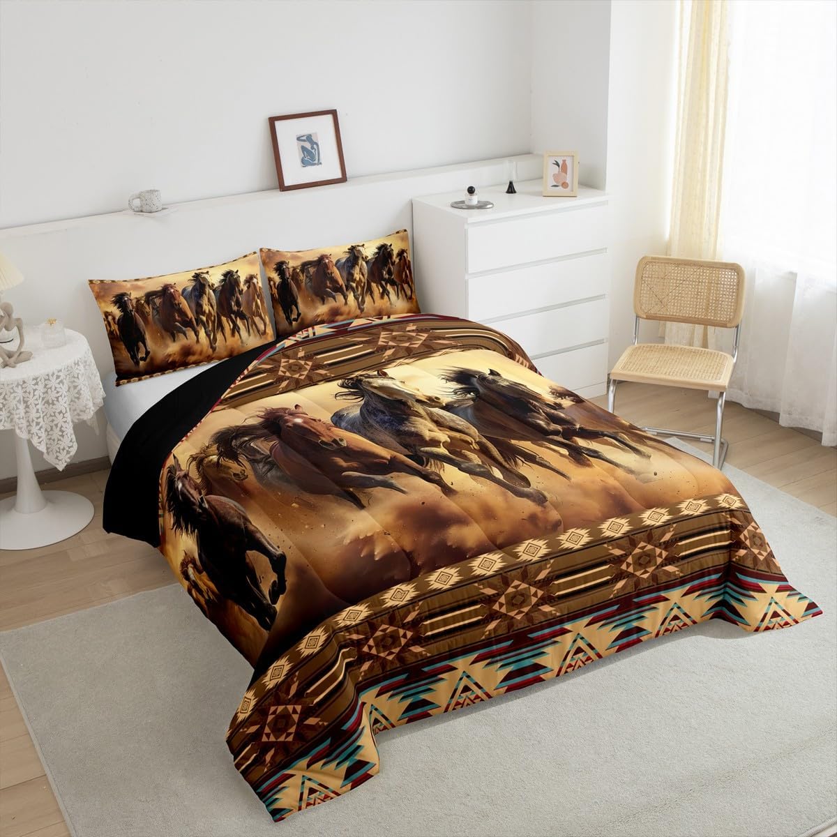 Feelyou Boho Comforter Set Twin Size Horses Comforter Southwestern Native Aztec Bedding Set Retro Exotic Boho Duvet Set Room Decor Dark Brown Quilt Set