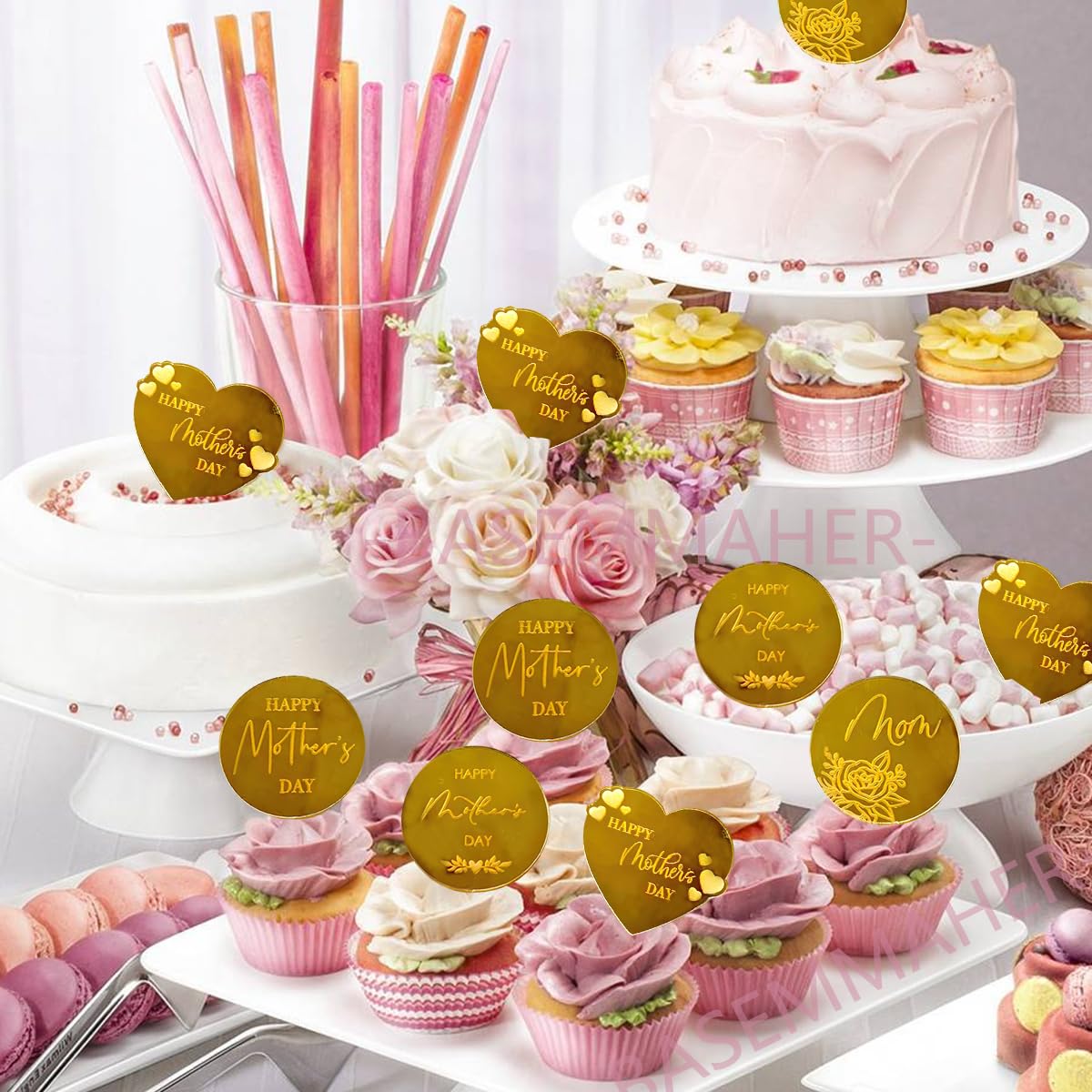 20Pcs Happy Mother's Day Cupcake Toppers - Glitter Gold Acrylic Mirror Discs With Heart & Rose - View #6