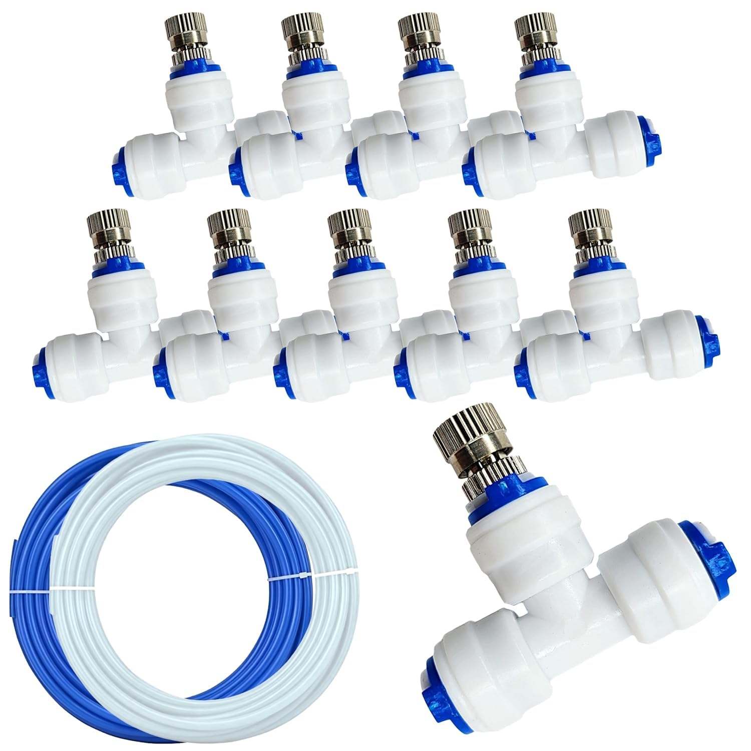 Brass Mist Fogger Nozzles 0.3mm (White) with Tee Connector I Misting Fogging Spray Sprinkler Cooling Sprayer Automatic Irrigation Cooling Kit - (10 Nozzles I 10m Pipe 5 meter Each)