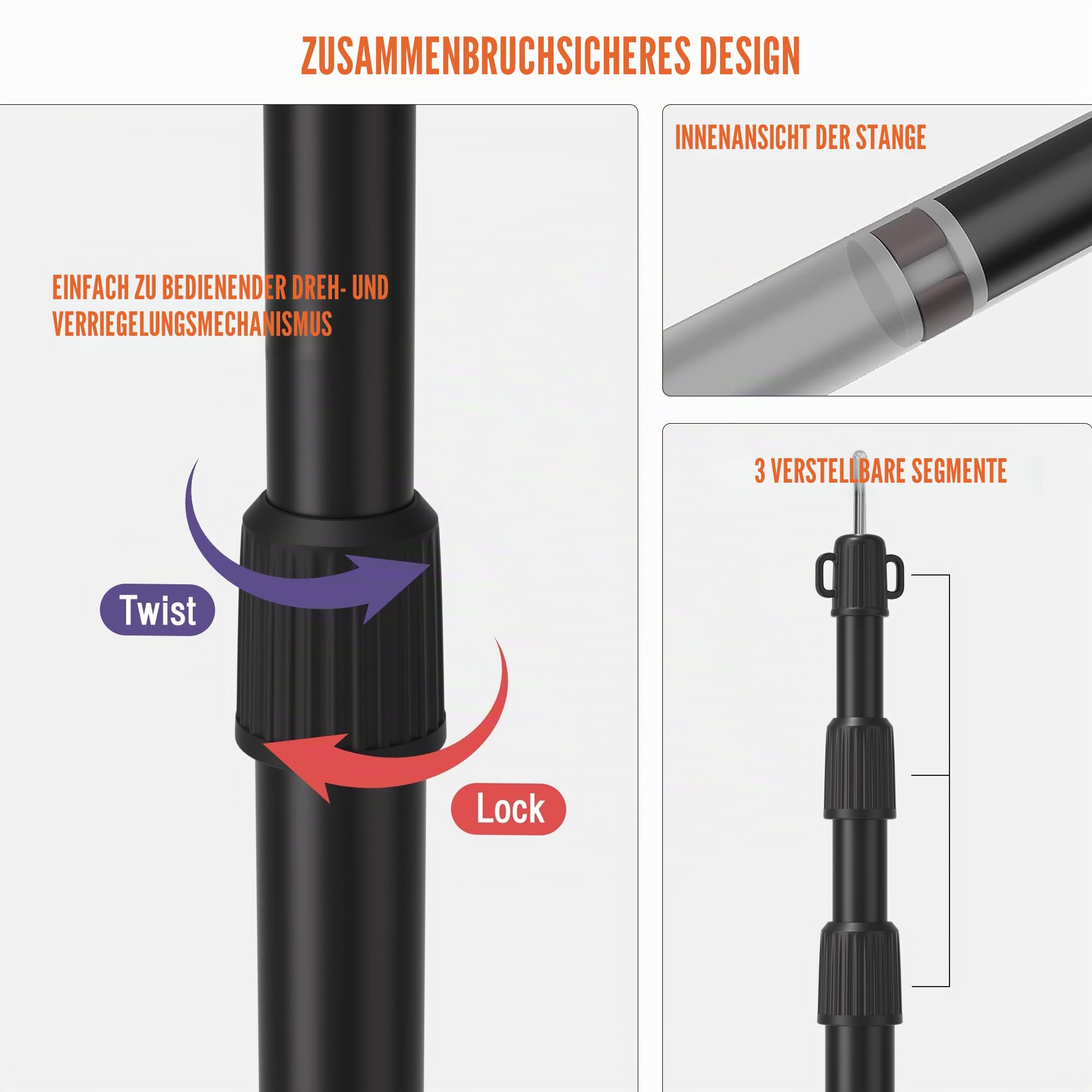 Zeltstangen, Robuste & Ultraleichte 6063 Aluminium Teleskopstange (90-230cm) für Tarp & Sonnensegel, mit Twist-Lock-System, Durchstichfester Kappe - 2er Set