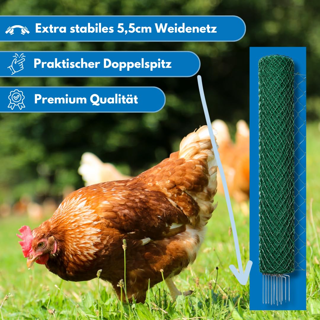 Herkules Geflügelnetz 50m x 120cm - Mobiler Geflügelzaun für Hühner - Stromloser Hühnerzaun mit engmaschigen und reißfesten Litzen - Geflügel Zaun inkl. 14 Weidezaunpfählen mit Doppelspitze