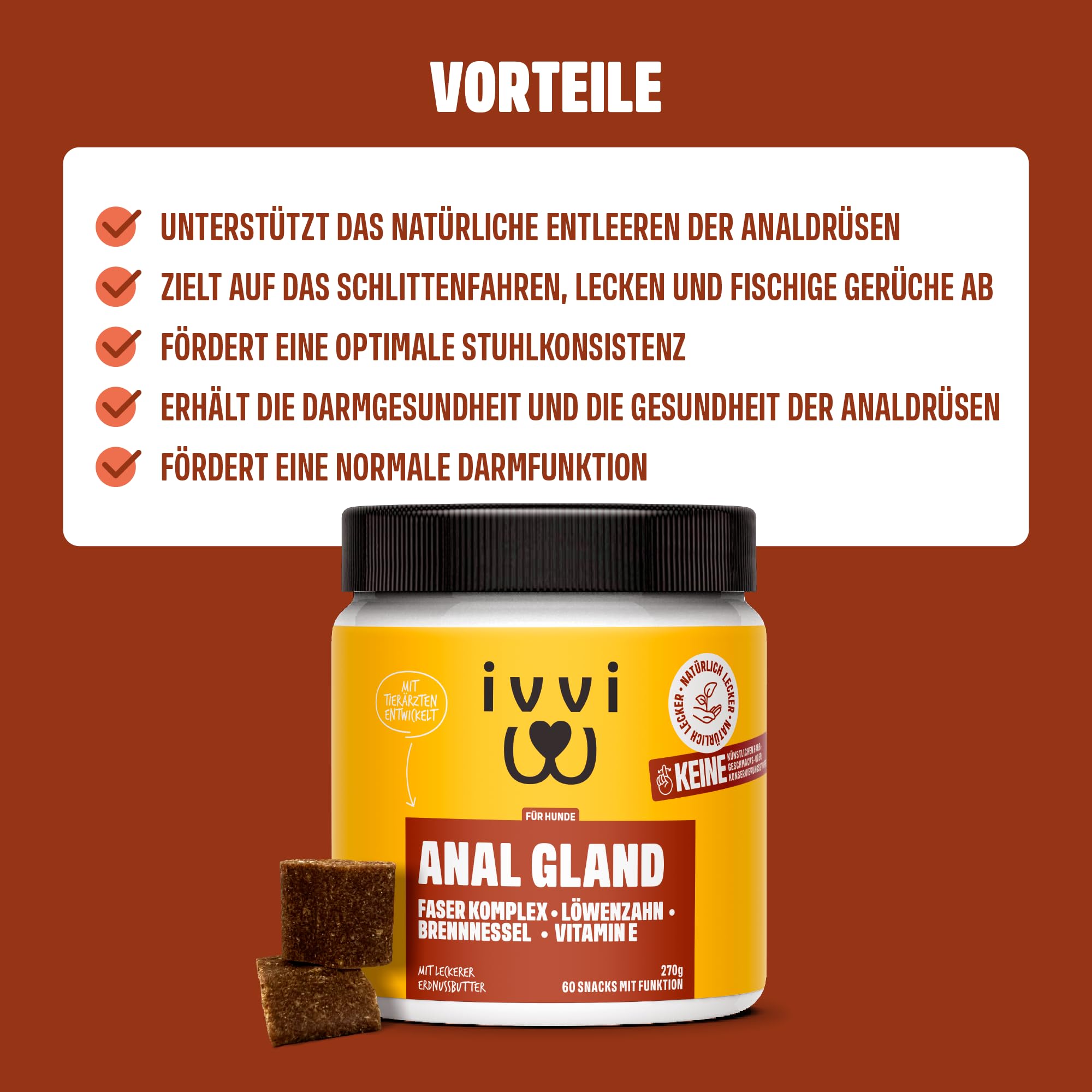 ivvi Anal Gland -Snacks zur Unterstützung der Analdrüsen bei Hunden. Kürbisfleisch Ballaststoffe, Flohsamenschalen, Leinsamen, Löwenzahn, Brennessel & Präbiotika. 60 Verdauung Snacks mit Erdnussbutter