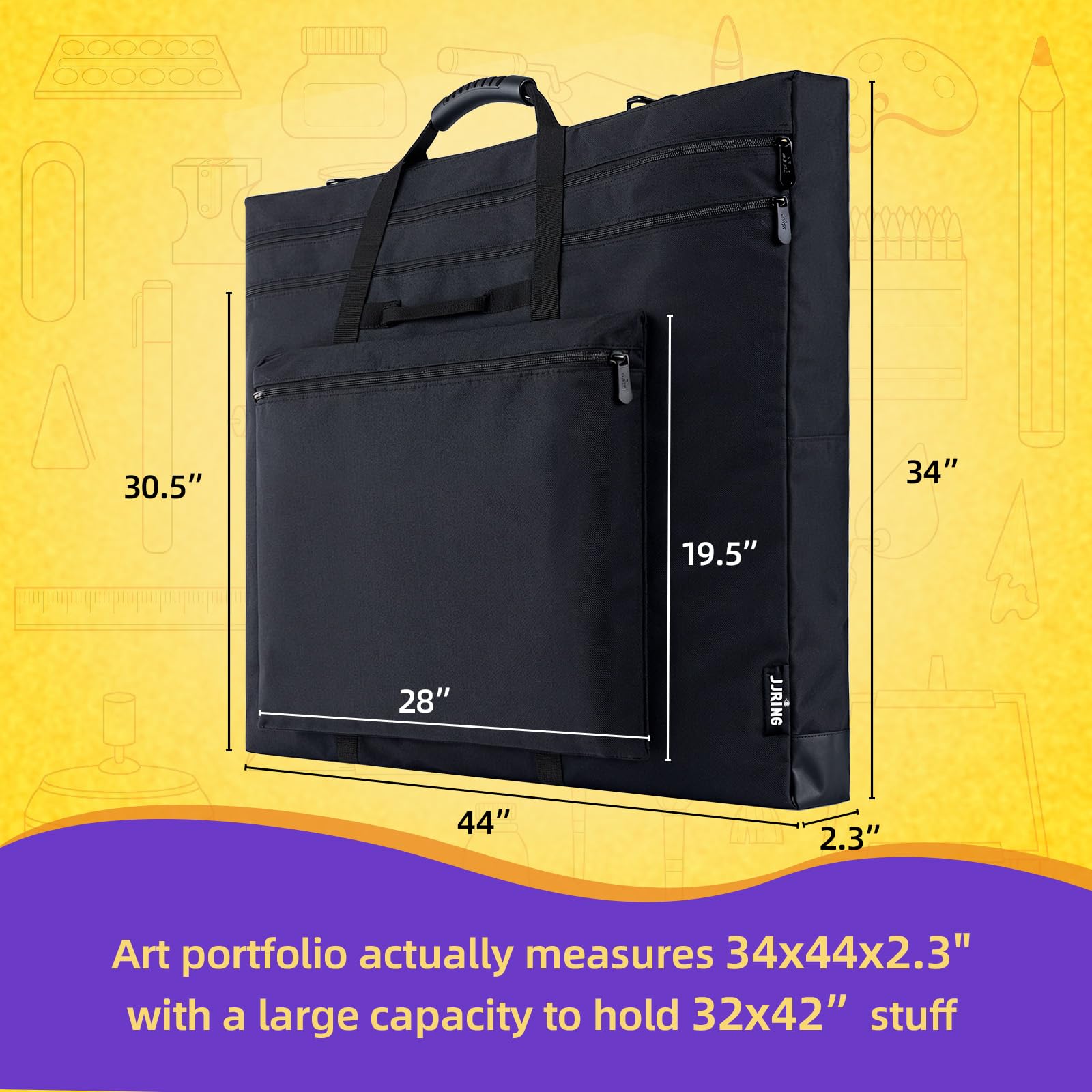 JJRING 32x42 Art Portfolio Tote Bag - Large Carrying Storage Case with Handle & Adjustable Shoulder Strap, Portfolio Folder for Artwork, Posters, Canvas, Drawing Boards