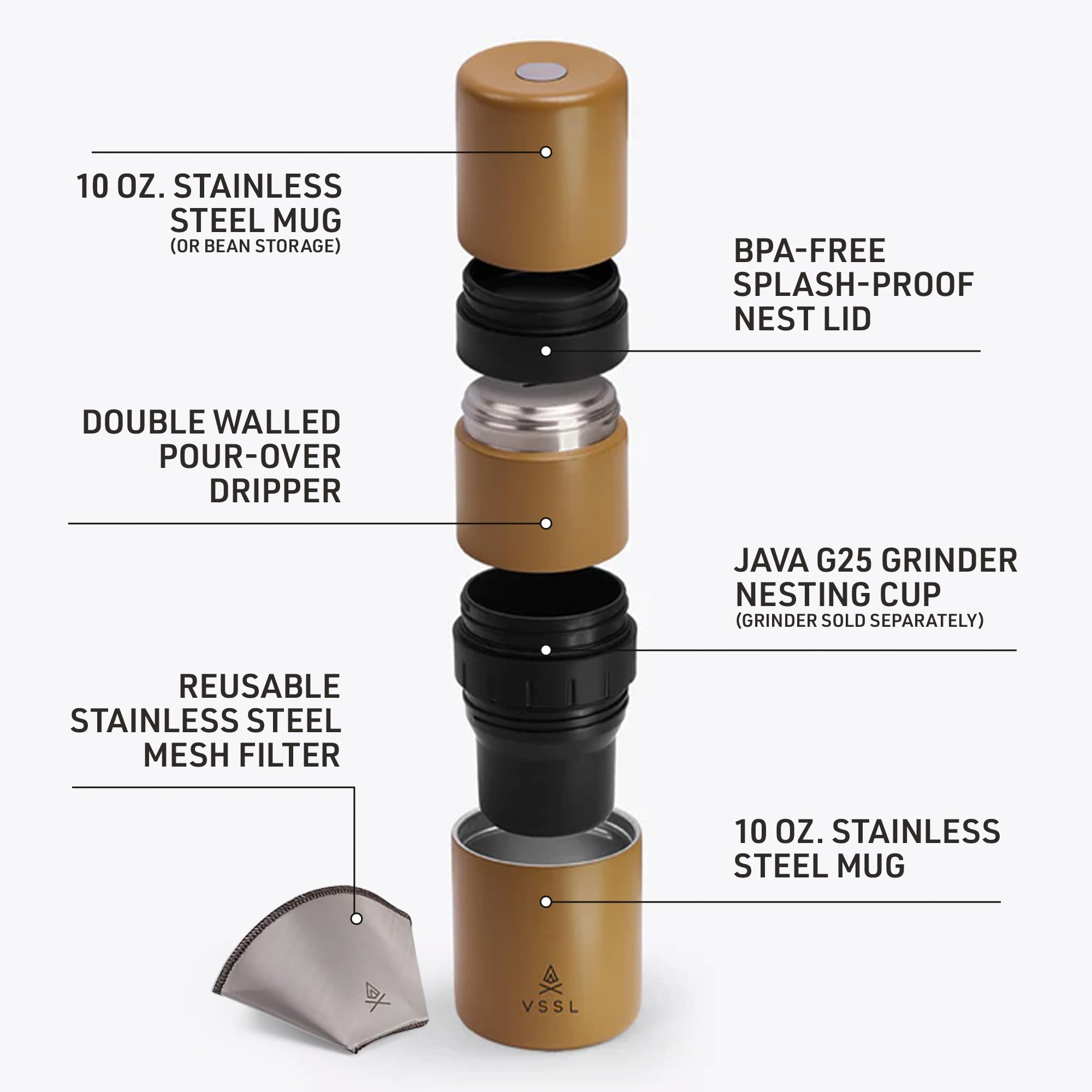 VSSL - Nest Pour Over Kaffee-Set, Kaffeemaschine für Camping, All-in-One Travel Pour Over, transportabler Tropfer, zwei 284 ml Edelstahl-Reisebecher, kompakte Aufbewahrung und Abenteuer bereit, Sahara