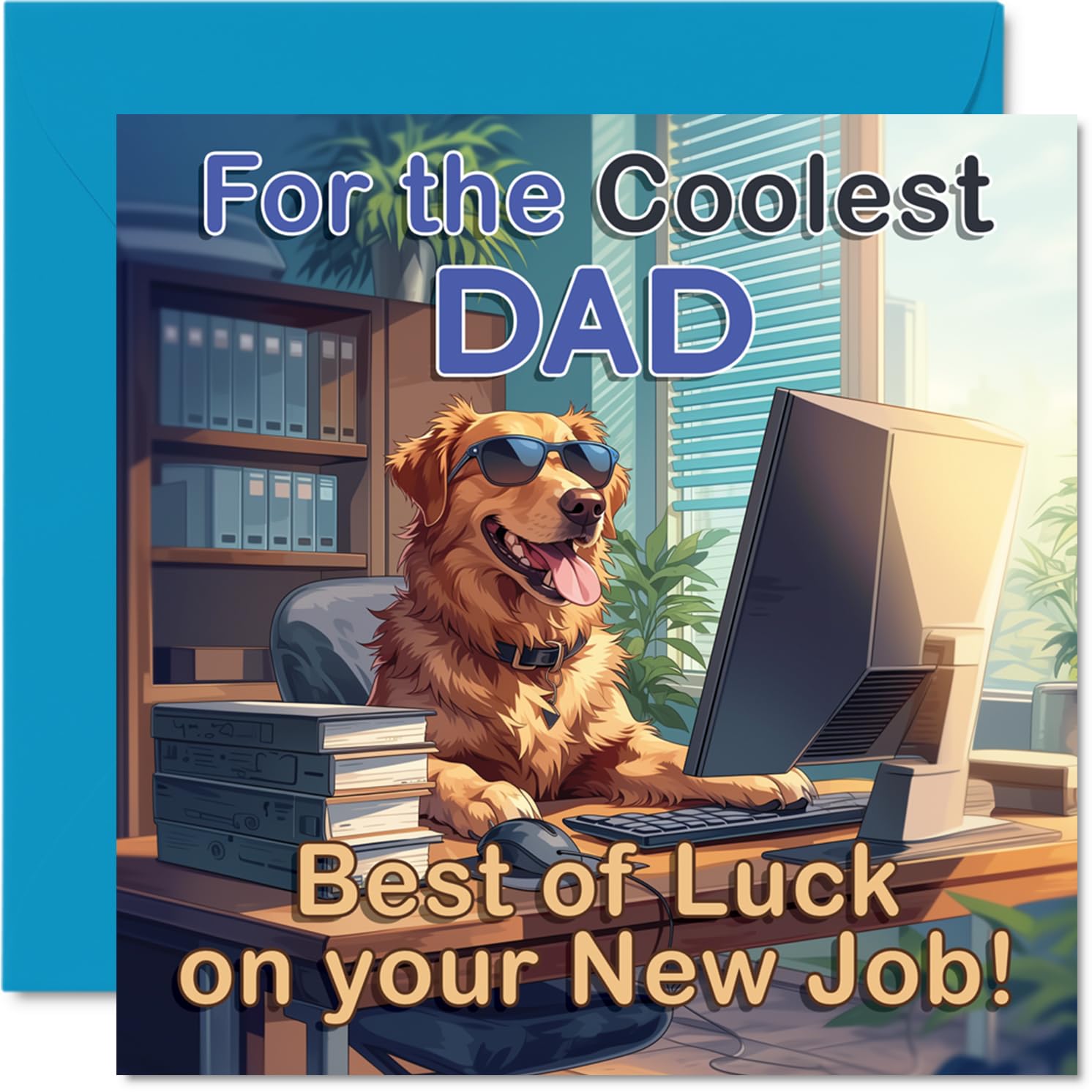Supportive New Job Card for Dad - Cheeky Golden Retriever in Sunglasses at the Office - Fun Desk Dog Design for Dad - 145mm Square, Envelope Included