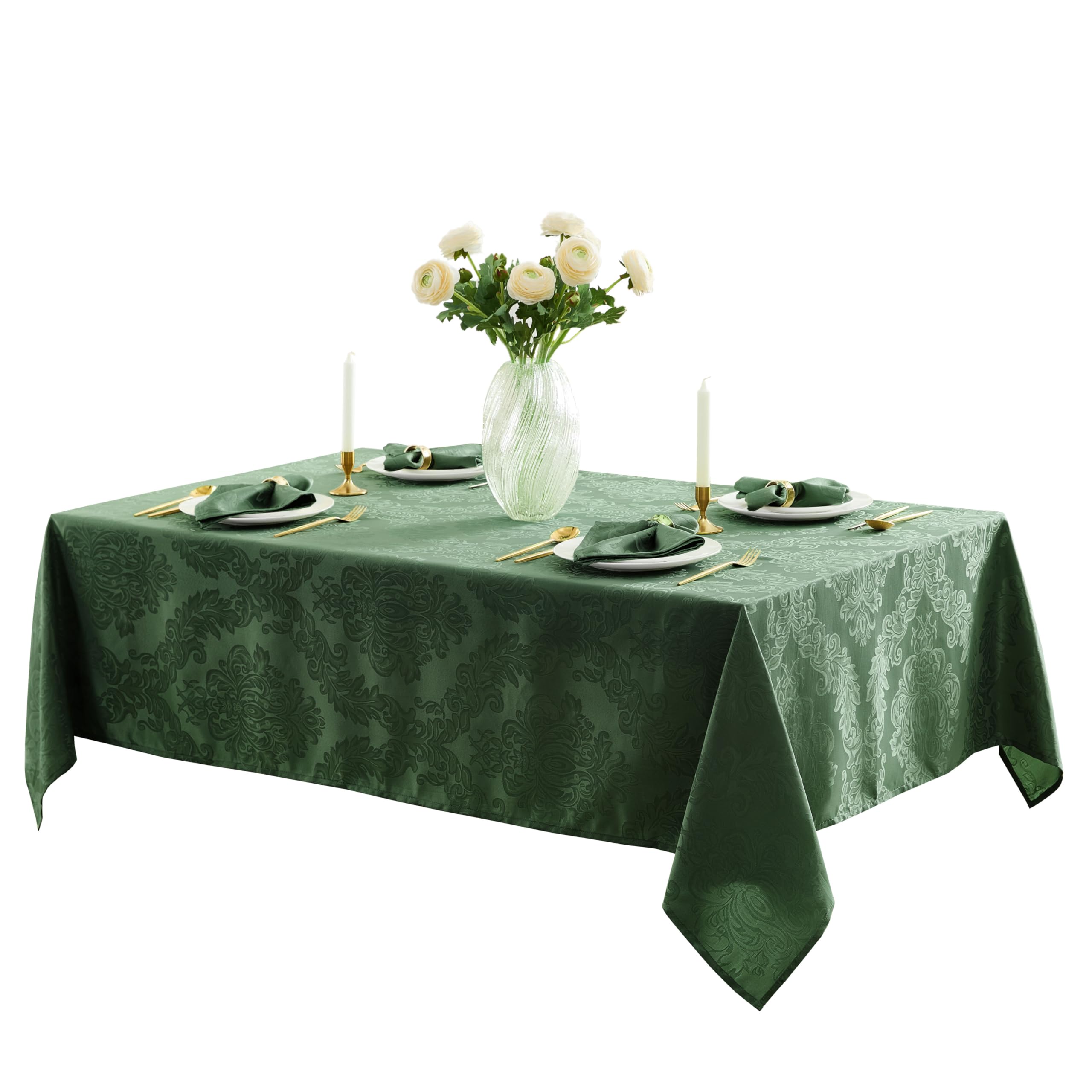Newbridge Barcelona Damask Fabric Tablecloth, 60 x 102 Inch Rectangle, Hunter Green – No Iron, Soil Resistant Table Cover for Dining, Parties and Holidays