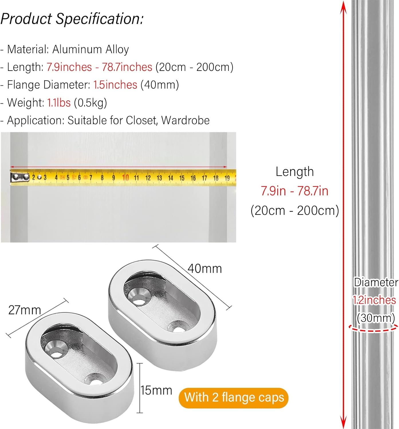 ワードローブレールメタルハンギングロッドクローゼットワードローブフランジエンドキャップゴールドブラックホワイトグレー63インチ/16