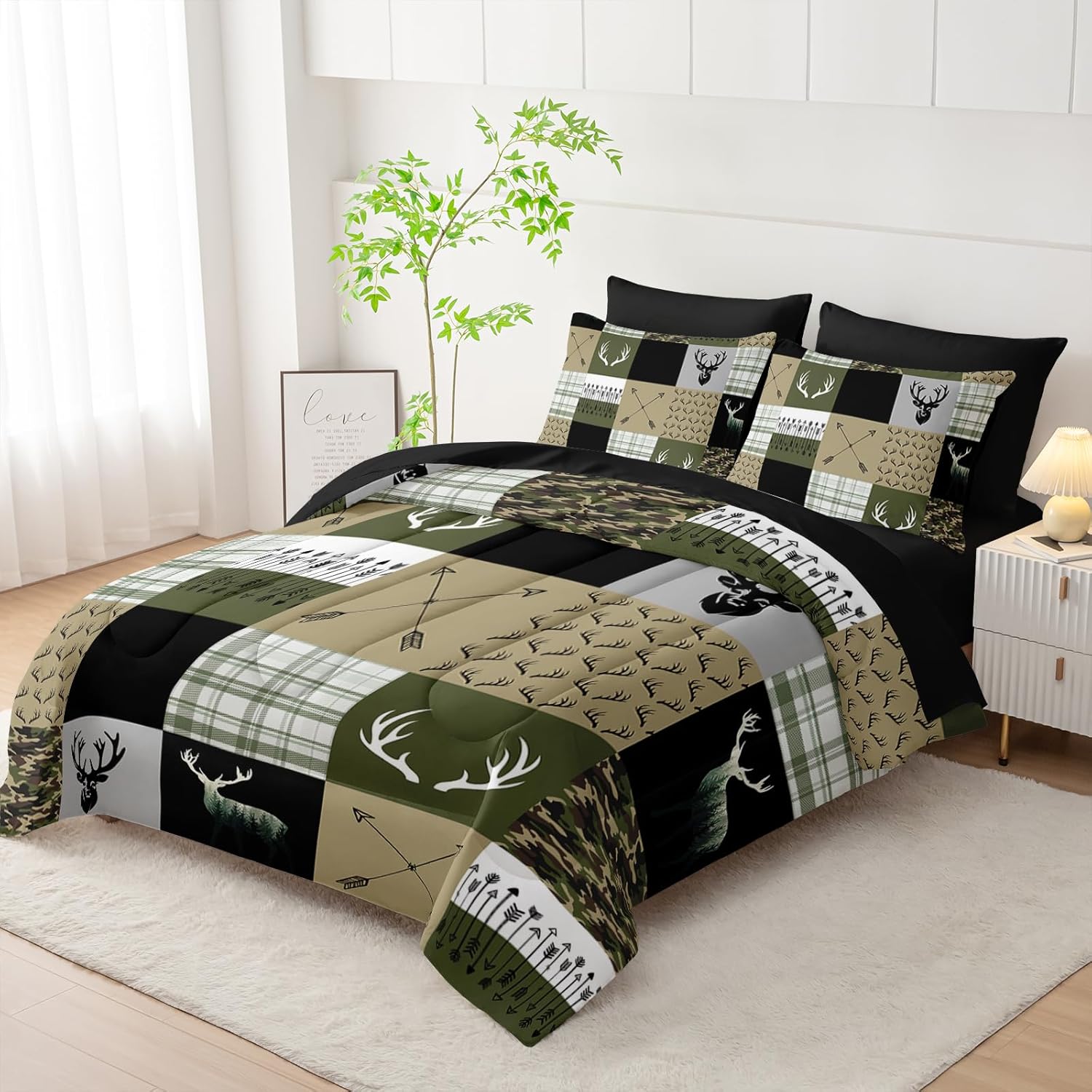 Nttopship Hunting Camo Comforter Sets Bed in A Bag King Size 7PCS Red Bedding Set，Deer Hunting Camo Comforter Set,Bed Sheet Set Hunt Deer for Girls Boys Kids,Microfiber Lightweight All Season