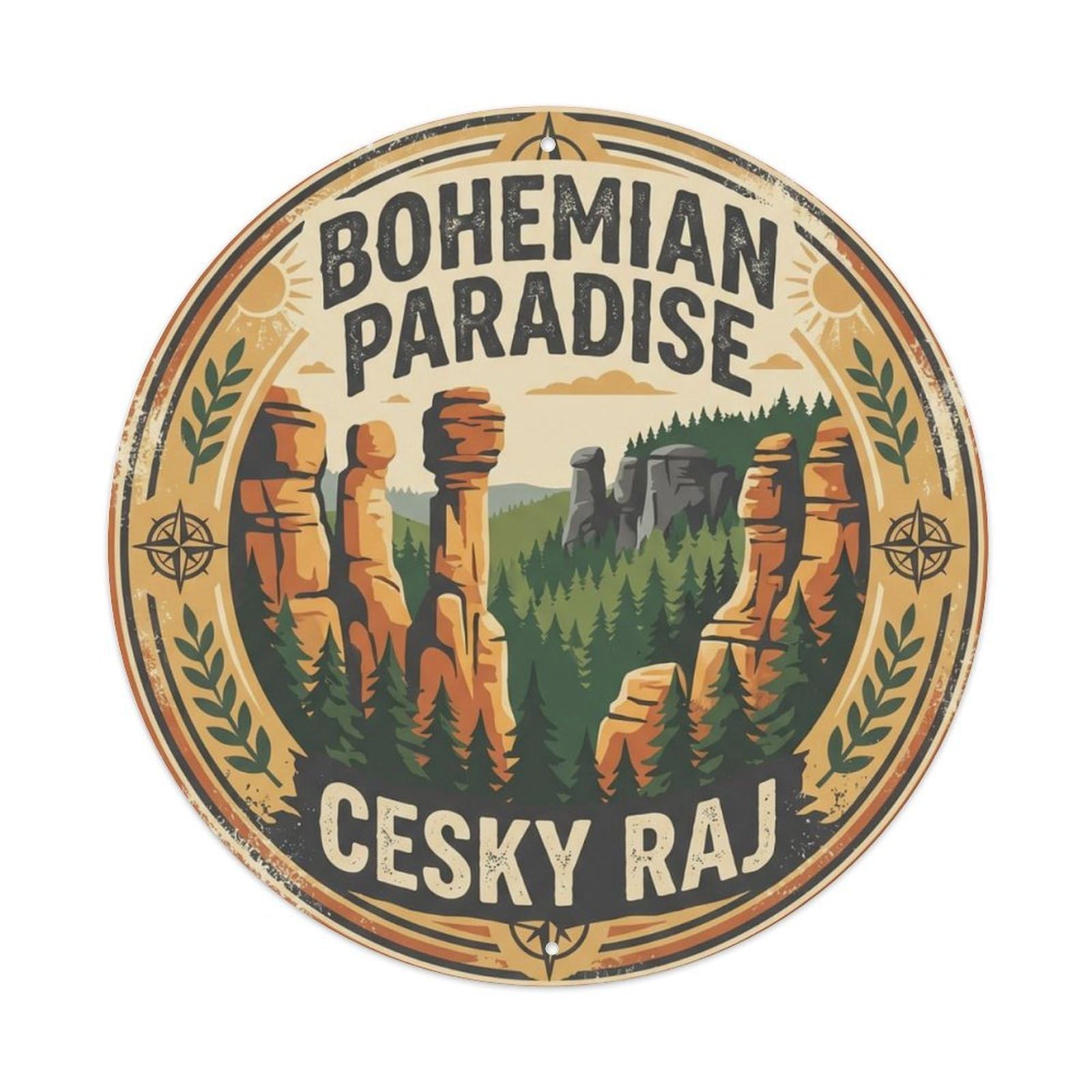 Vintage Travel Bohemian Paradise Czechia Metal Tin Sign Plaque Wall Decor for Cafe, Club Bar, Office, Home Garden Round Metal Poster 8x8Inch