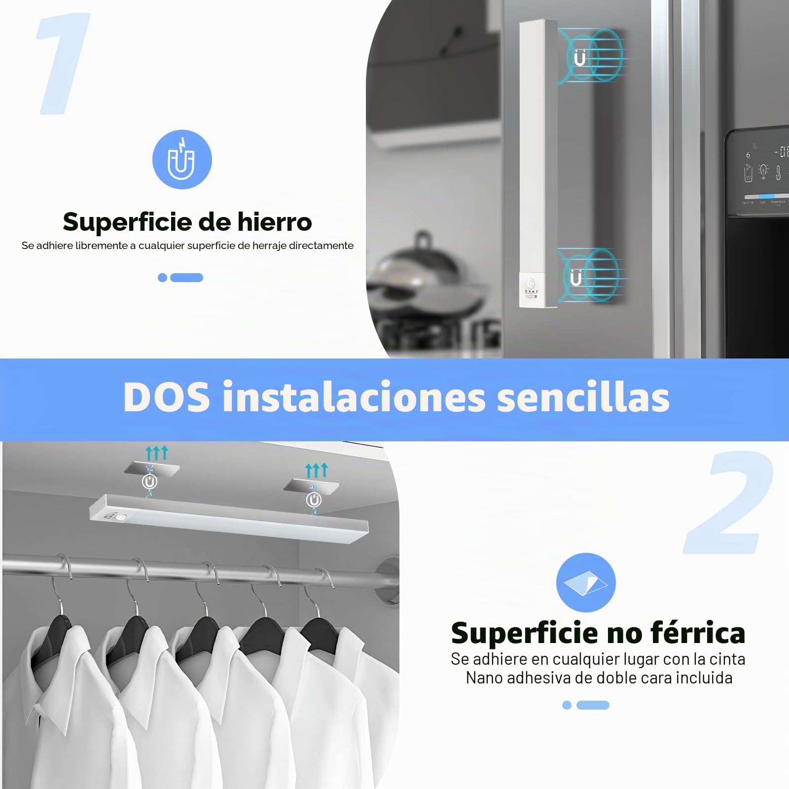 Luz LED Armario con Sensor Movimiento, 23CM Led Cocina Bajo Mueble 5000K USB Recargable 1000mAh, Luz LED Adhesiva para Cocina, Armario, Escalera, Pasillo, Garaje-3 Piezas