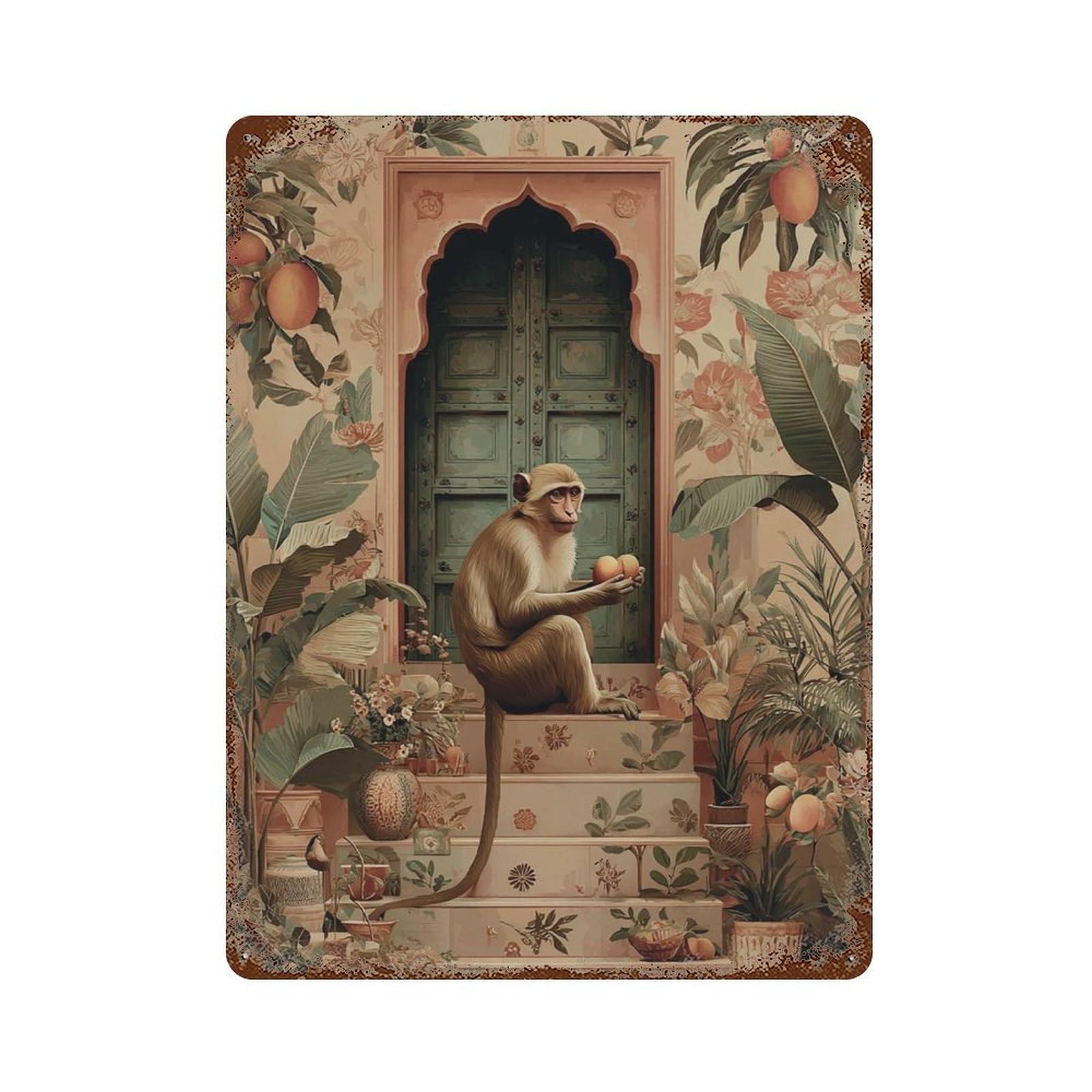 xiaoxiaoshen Monkey Courtyard Tropical Botanical Animal in Detailed Style Wall Decor Art Metal Tin Poster Modern Home Decor Art Home Bar Shop Decorations Vintage Sign 40x30cm