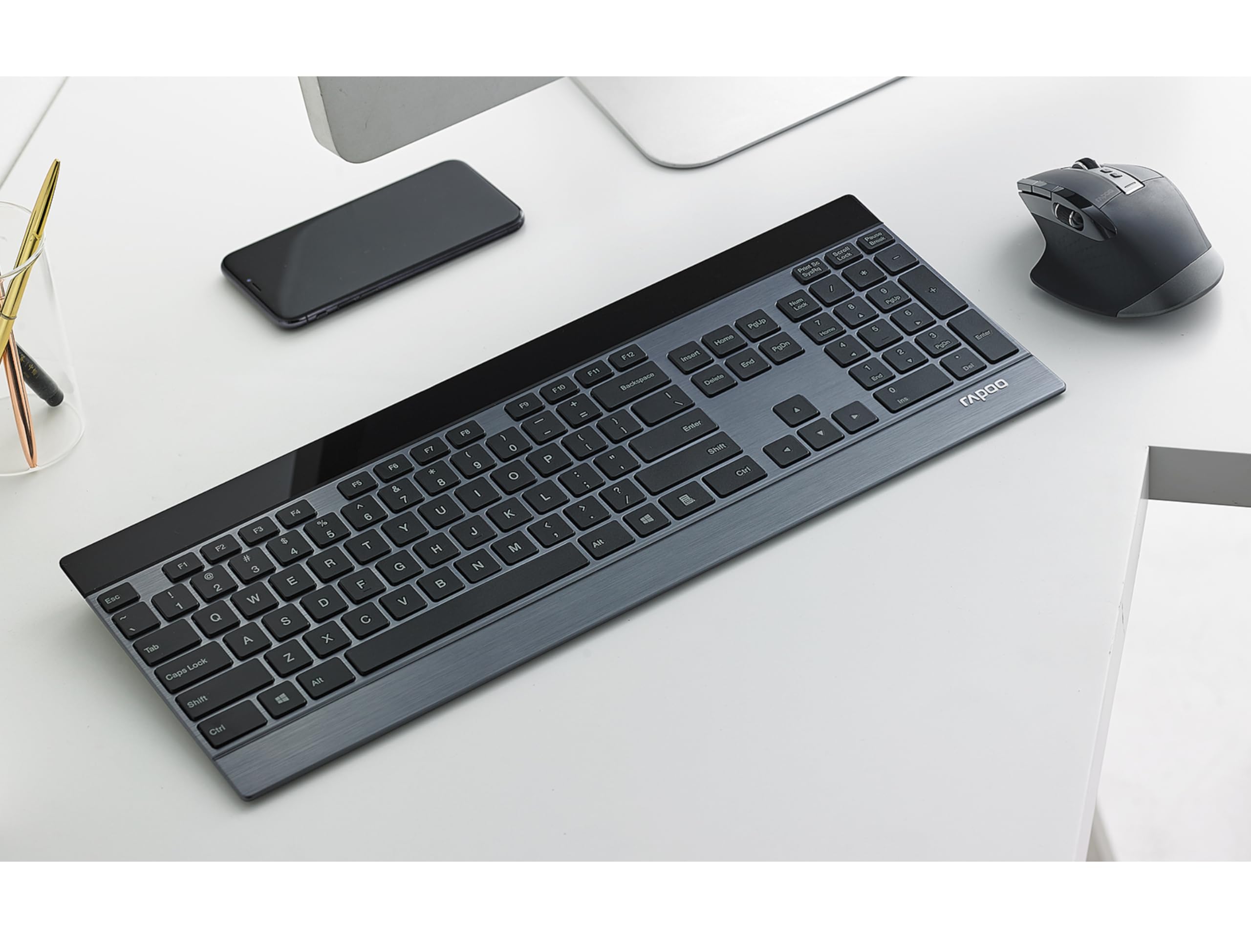 Rapoo 9900M kabelloses Tastatur-Maus Set Wireless Deskset 3200 DPI Sensor wiederaufladbarer Akku flaches Aluminium Design DE-Layout QWERTZ PC & Mac - schwarz