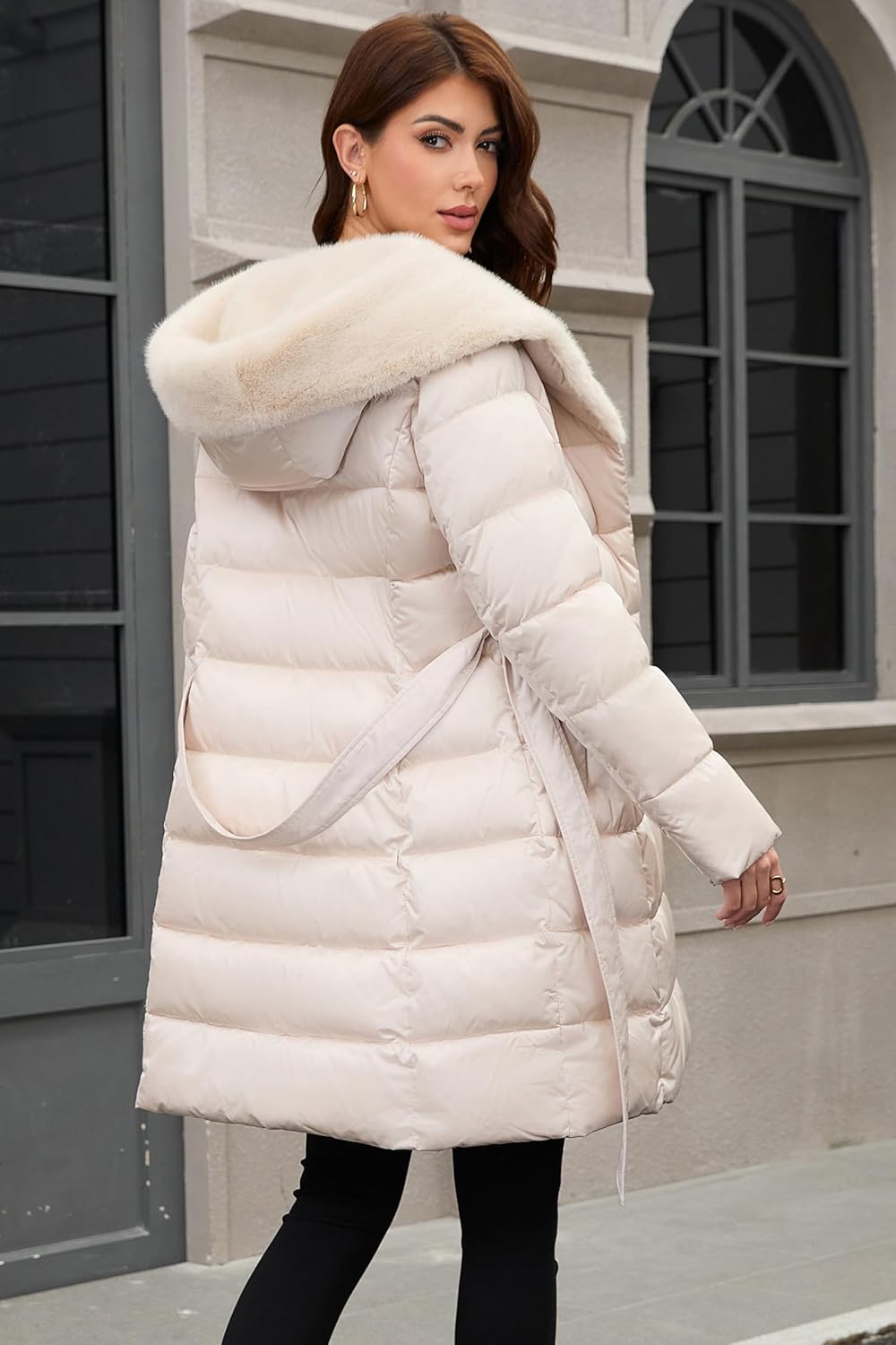 PAPILLON D'OR WEAR YOUR WINGS Women's Long Puffer Coat with Belt, Hood & Furry Lining - Knee-Length Winter Jacket - Image 6
