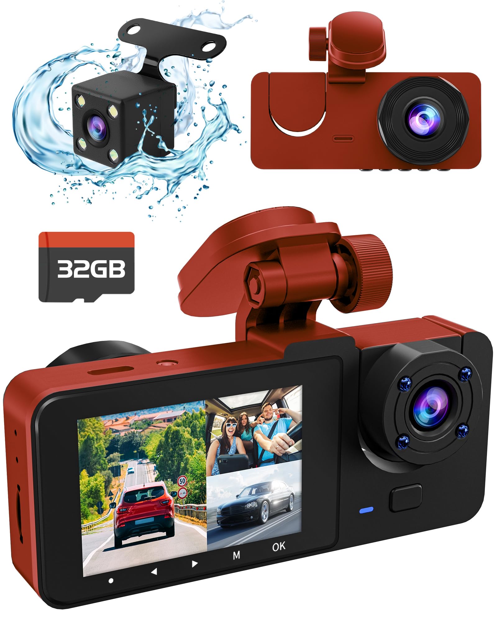 3 Channel Dash Cam,4K+1080P Dash Cam Front and Rear Inside,Triple Car Camera, Dash Camera for Cars with 32GB Card,Built-in 170°Wide Angle,2’’ IPS Display,24Hr Parking,Night Vision,Accident Lock — view 8