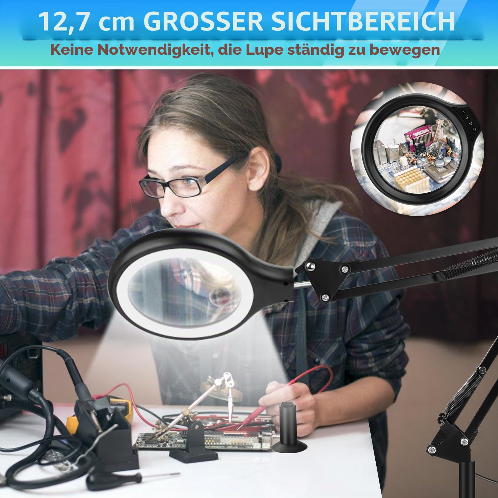 NZQXJXZ 30X 10X Große Lupe mit Licht und Ständer, 2-in-1 Lupenlampe | mit 36 Einstellbaren Helligkeits-LEDs, 3 Farbmodi, Beleuchtete Lupenleuchte für Lesen, Naharbeit, Nähen, Basteln, Hobbys