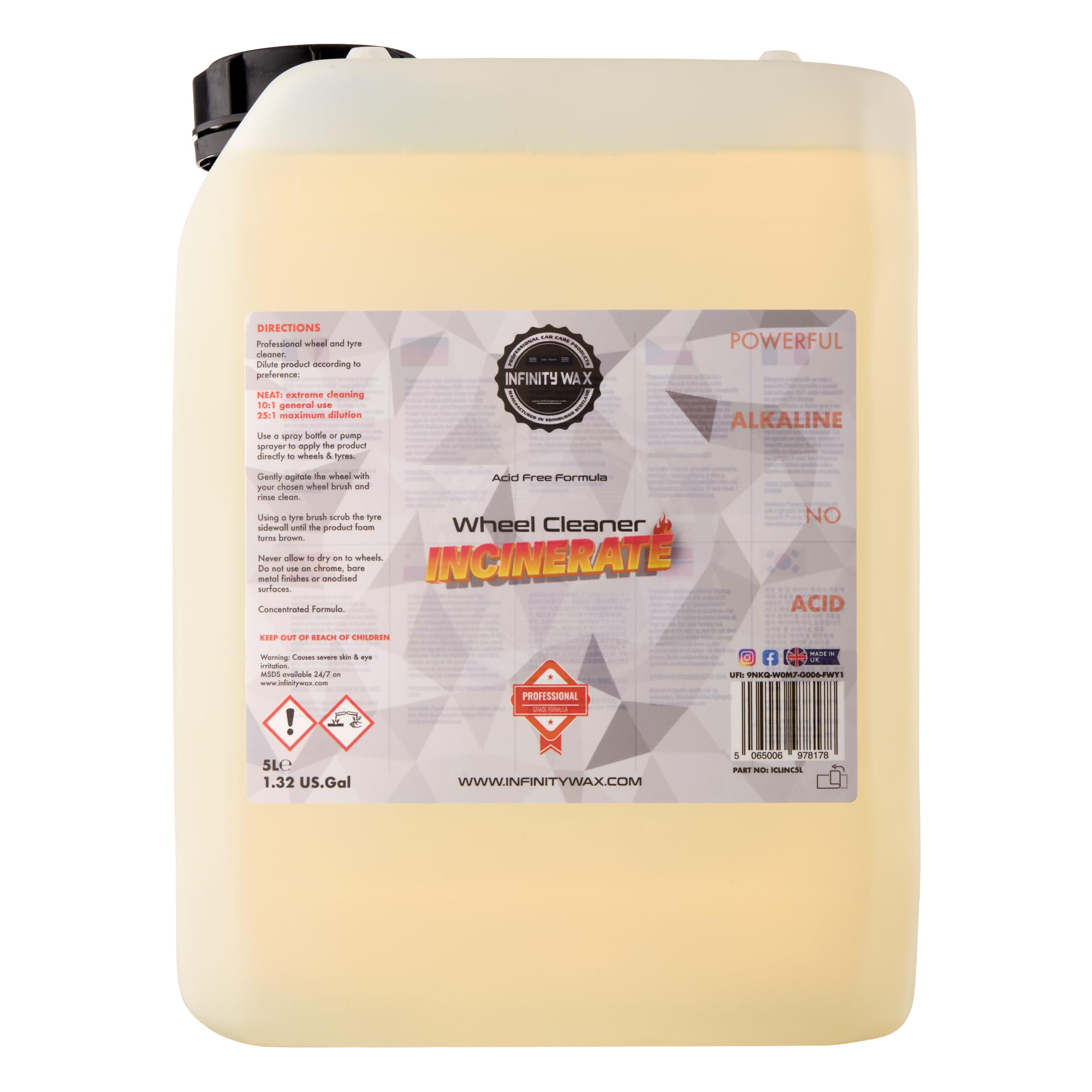 Infinity Wax Incinerate Wheel Cleaner 5L Acid-Free Alkaline Alloy & Tyre Cleaner -Valeters’ Favourite Bulk Wheel Cleaning Solution, High Dilution UK Made