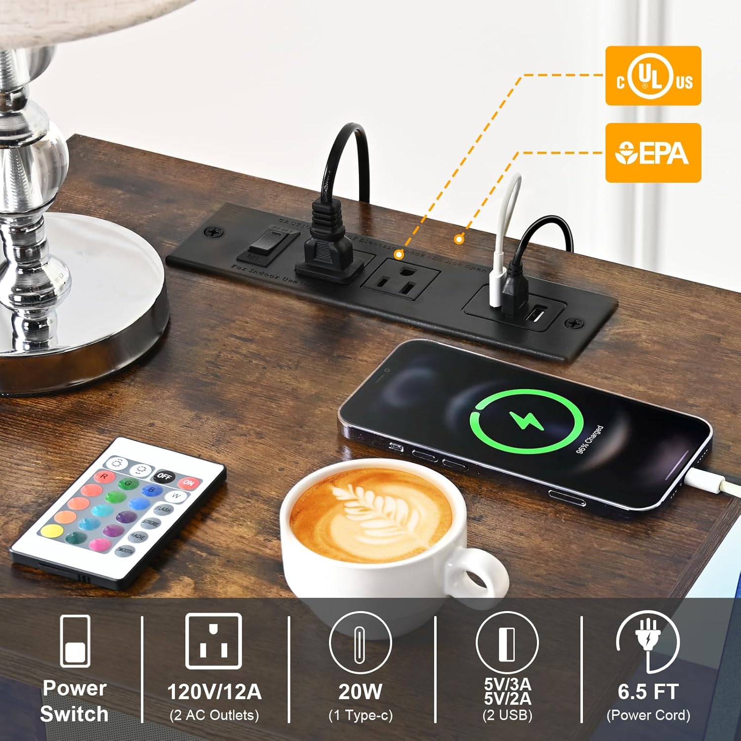 Livofloral Nightstand with Charging Station, LED End Table with Storage, Side Table with USB Ports and Outlets, Bedside Table with Wooden Storage Drawers and Shelves for Bedroom, Living Room, Brown - Image 4