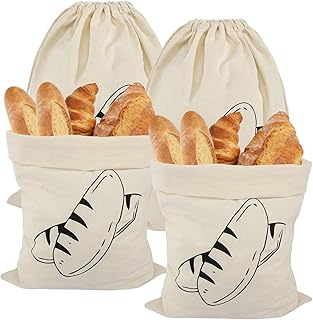 Brotbeutel Leinen, 4 Stück 40 x 30cm Wiederverwendbar Leinenbeutel mit Kordelzug, Ungebleicht Brotbeutel Aufbewahrung Frischhalten für Brot Obst und Gemüse