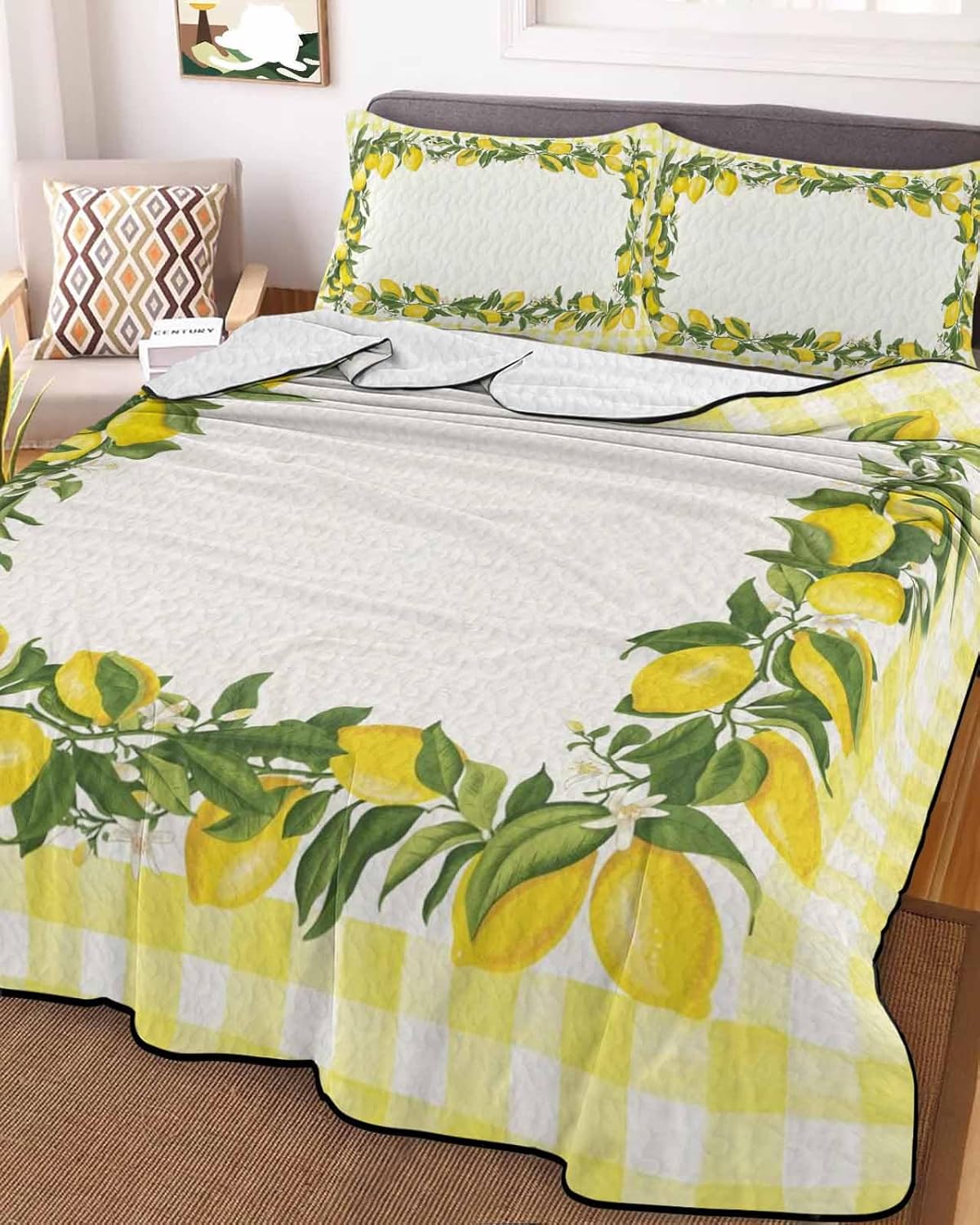 Queen Size Quilt Set, Farm Summer Lemon Lightweight Bedspread Coverlet Set Soft Microfiber Summer Quilt with 2 Pillow Shams, Yellow Check Border 3 Piece Comforter Bedding Set