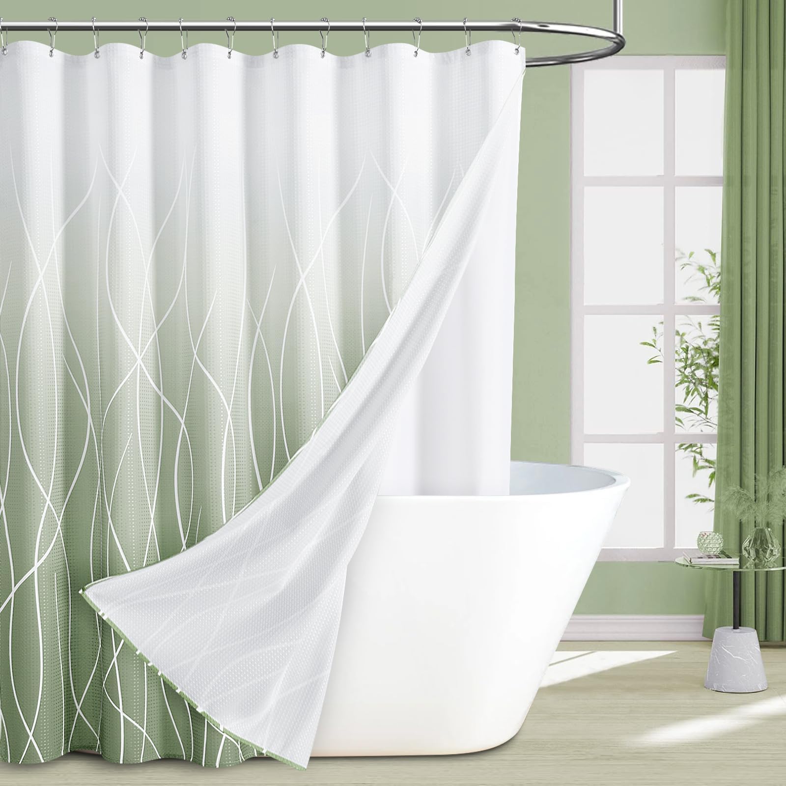 Naturoom Sage Green Shower Curtain with Liner Modern Bathroom Curtains Shower Set Waffle Fabric Double Layer Shower Curtain for Bathroom Hotel Style Shower Curtain Set with Hooks Light Green 72x72