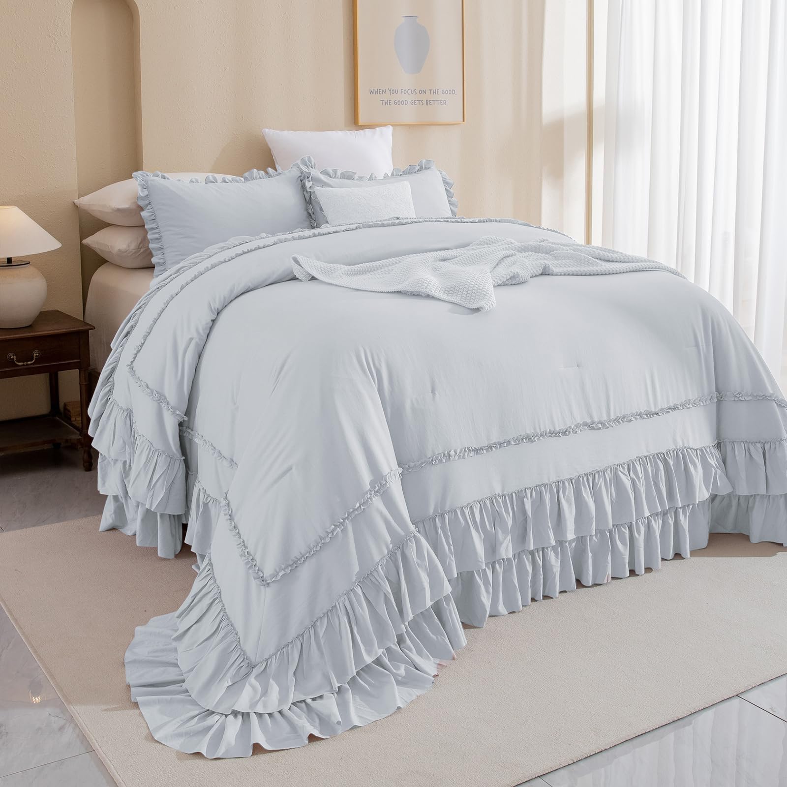 QSH Light Blue Ruffle Oversized King Comforter 128x120,3PCs Farmhouse Shabby Vintage Chic Ruffled Bed Comforter Set French Country Rustic California King Bedding Comforter Set Soft and Lightweight