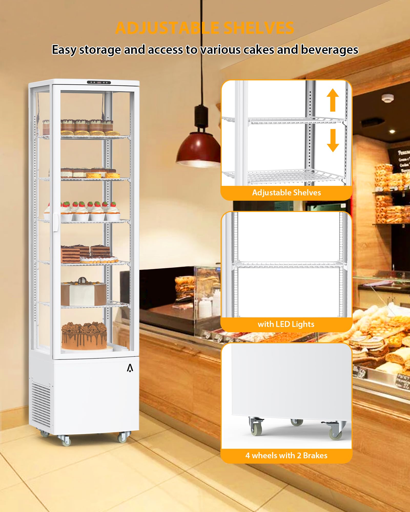 PrecisionAuto Refrigerated Display Case Commercial, 10.5 Cu. Ft. Display Refrigerator for Bakery with Interior LED Lighting, Air-Cooling Automatic Defrost, 5 Adjustable Shelves, White