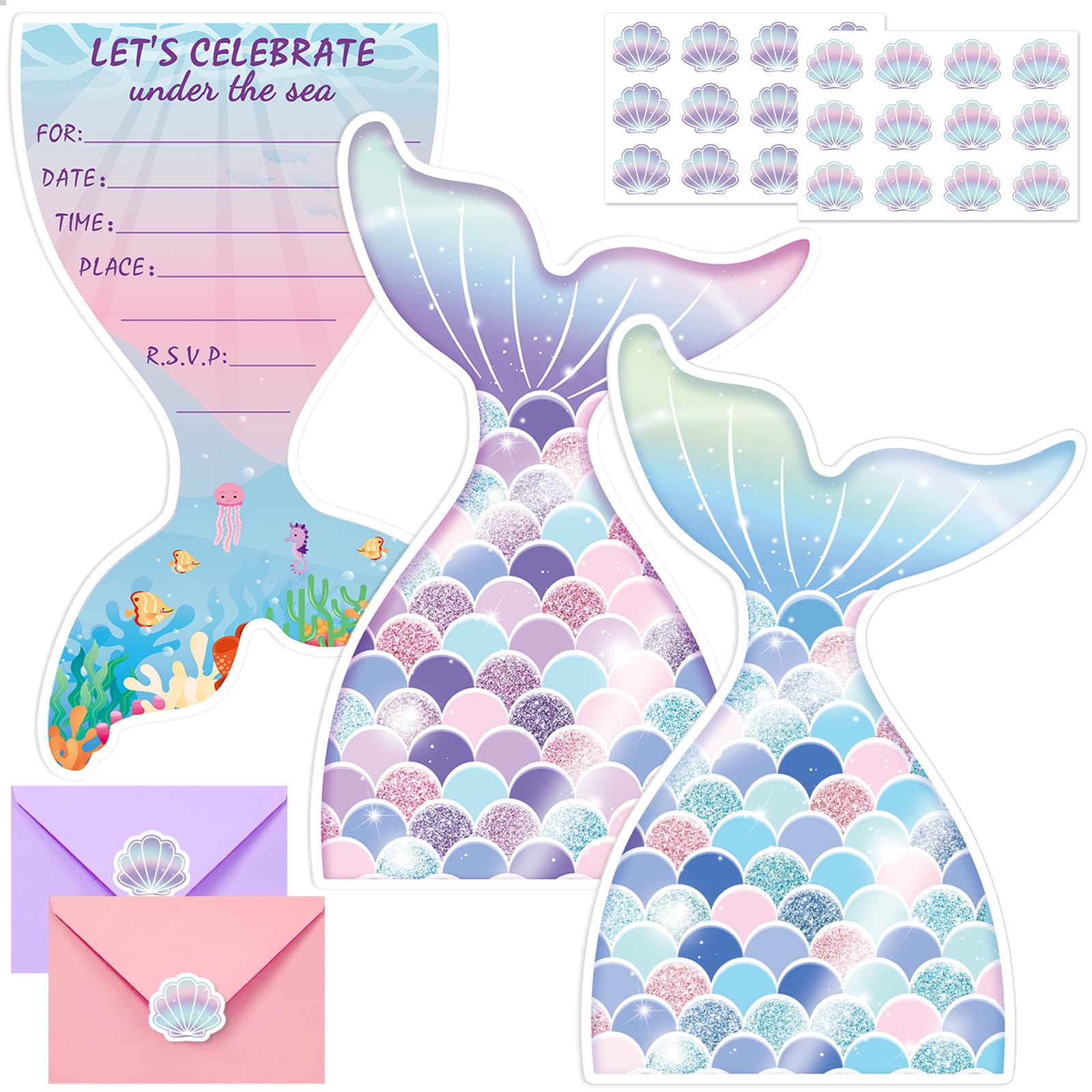 Hedeey 24 Sets Mermaid Birthday Invitations Girl with Envelopes and Stickers, Mermaid Baby Shower Invitations for Girl, Birthday Party Invitation