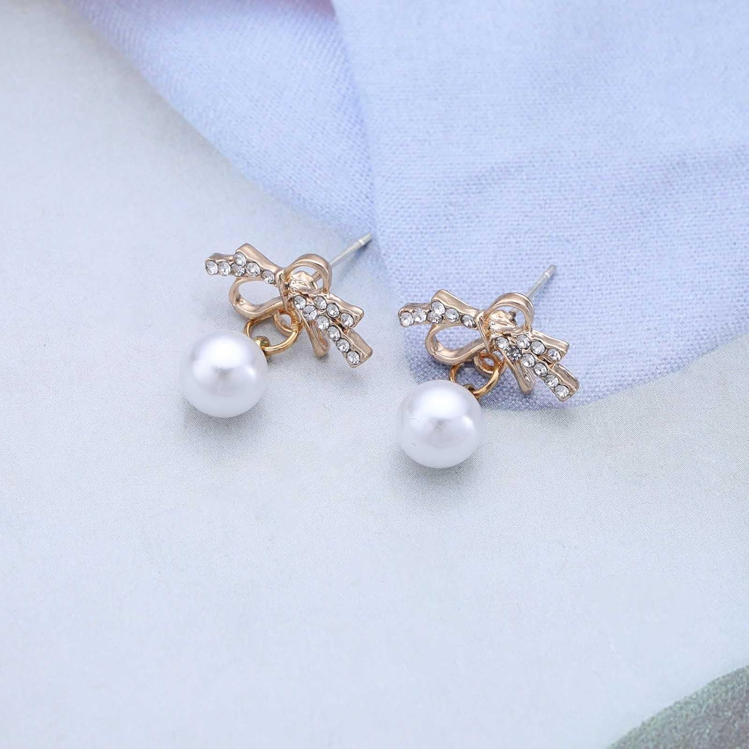 Bohemian Crystal Pearl Dangle Earrings Round Pearl Drop Earrings Gold Cz Pearl Bow Stud Earrings Hollow Rhinestone Bow Tie Earrings Jewelry for Women - Image 4