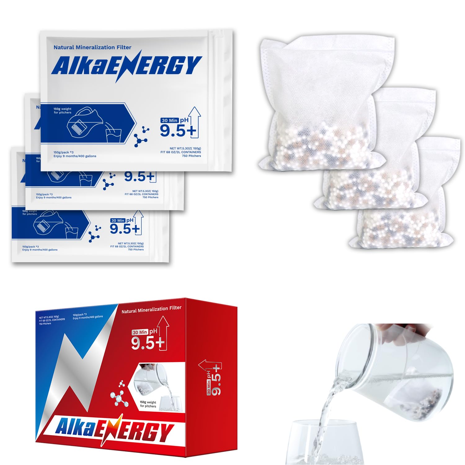 Alkaline Water Filter Pouch| pH9.5+|Raise Drinking Water pH|Remineralization for Reverse Osmosis Water|Fit for Water Bottles, Jugs, Pitchers, Container /9 Months/400 Gallons/ (3 Pack)