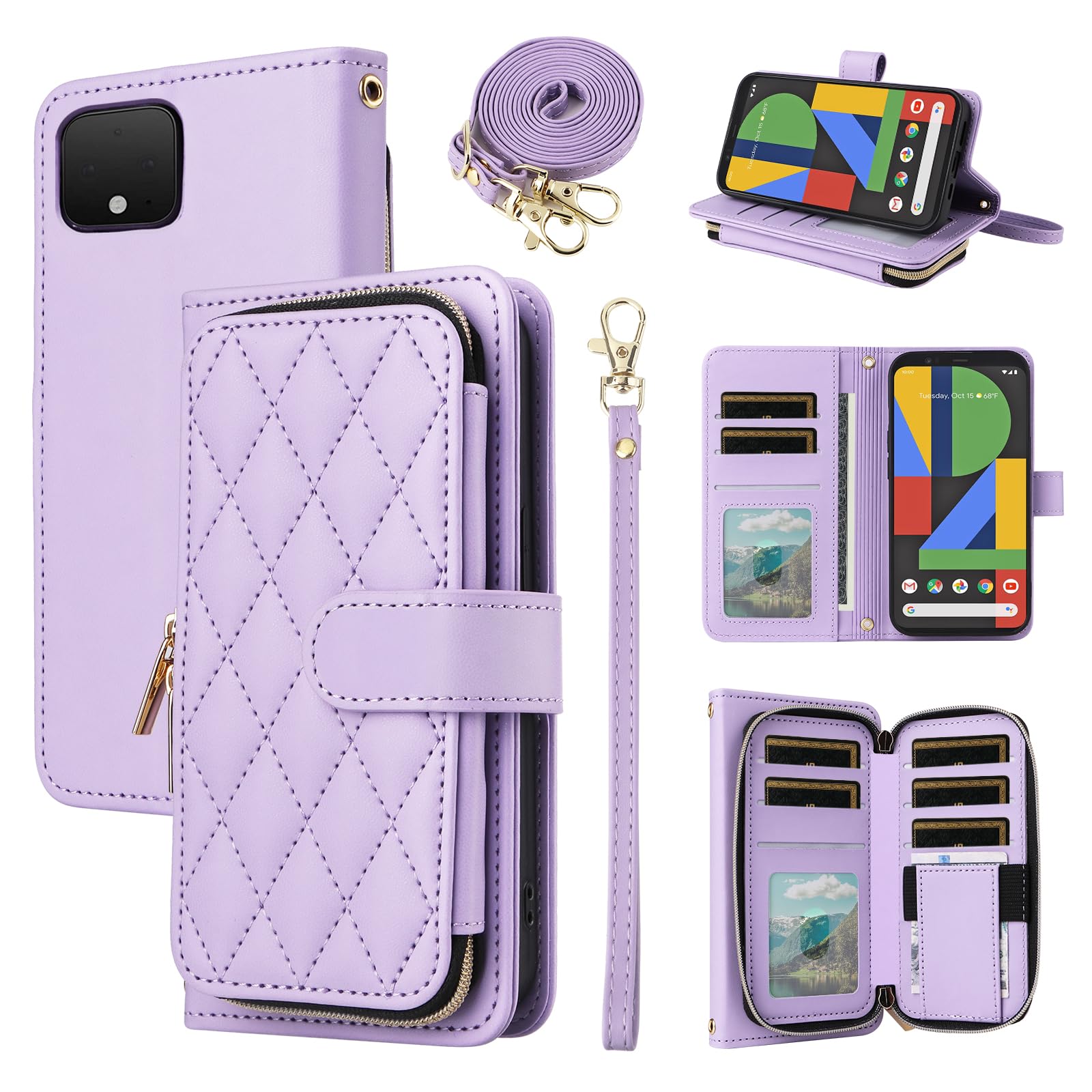 Furiet Argyle Wallet Case for Google Pixel 4 with Wrist Strap Shoulder Strap 9+ Card Slot Zipper Purse Luxury PU Leather Stand Checkered Cell Phone