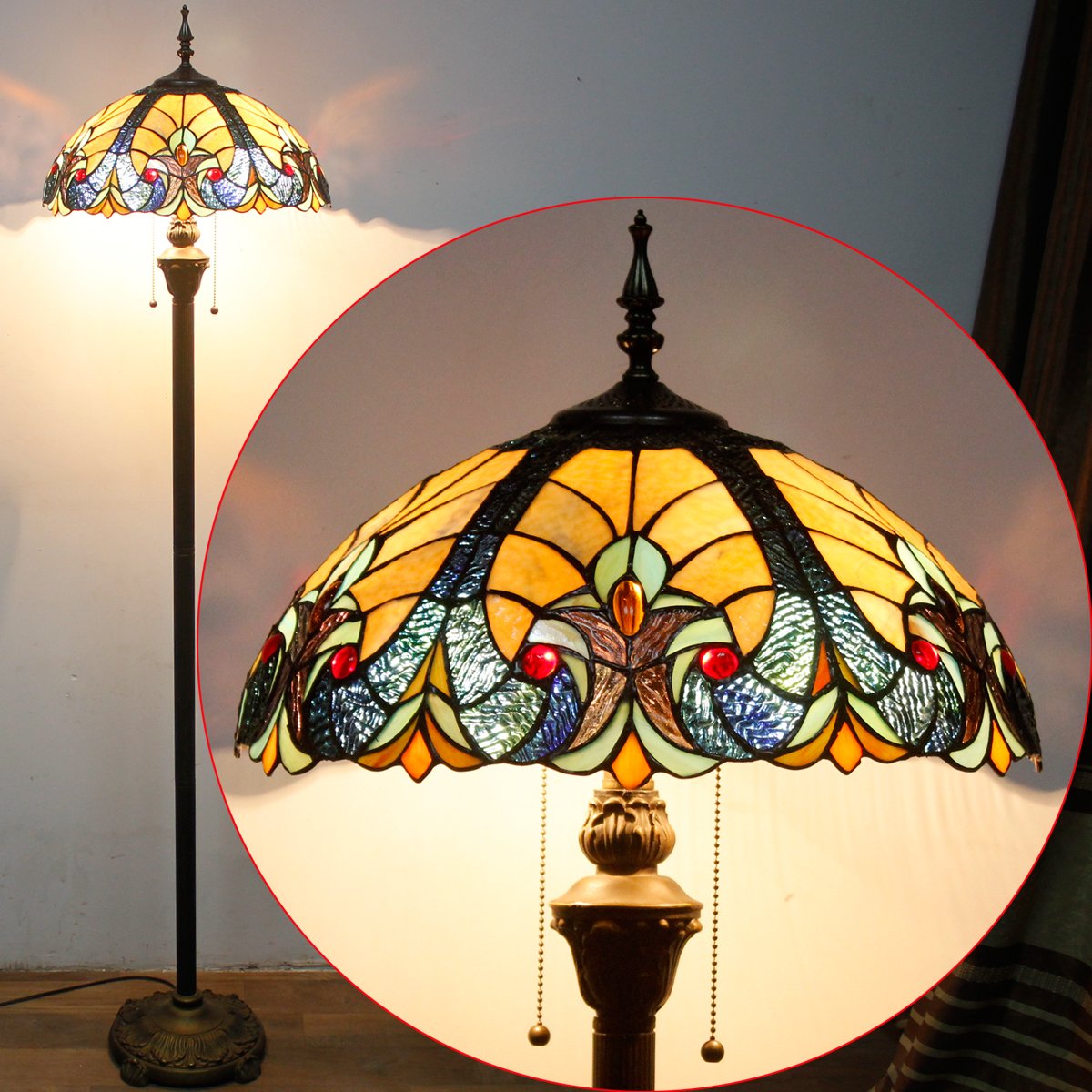 WERFACTORY Tiffany Floor Lamp Blue Yellow Liaison Stained Glass Standing Reading Light 16X16X64 Inches Antique Pole Corner Lamp — view 3