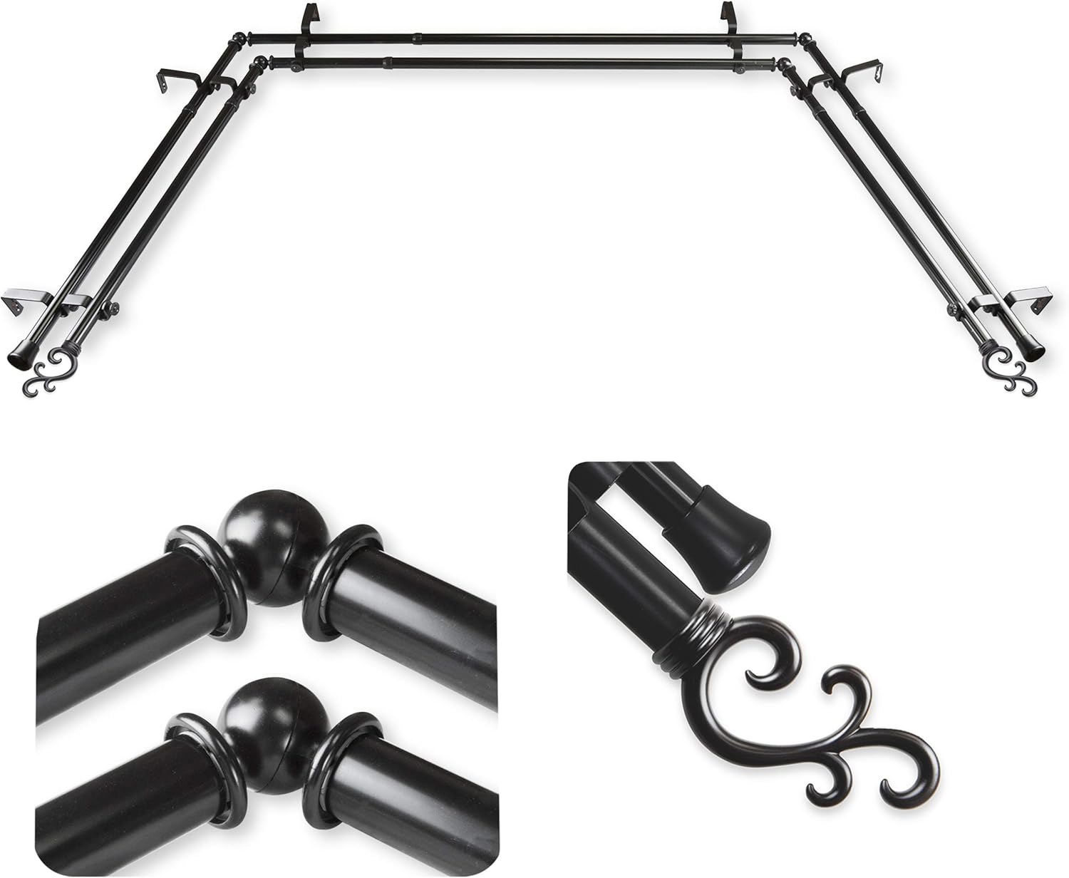 A&F Rod Decor - Wave 13/16" Double Bay Window curtain rod 20"-36", 38"-72" - Satin Nickel
