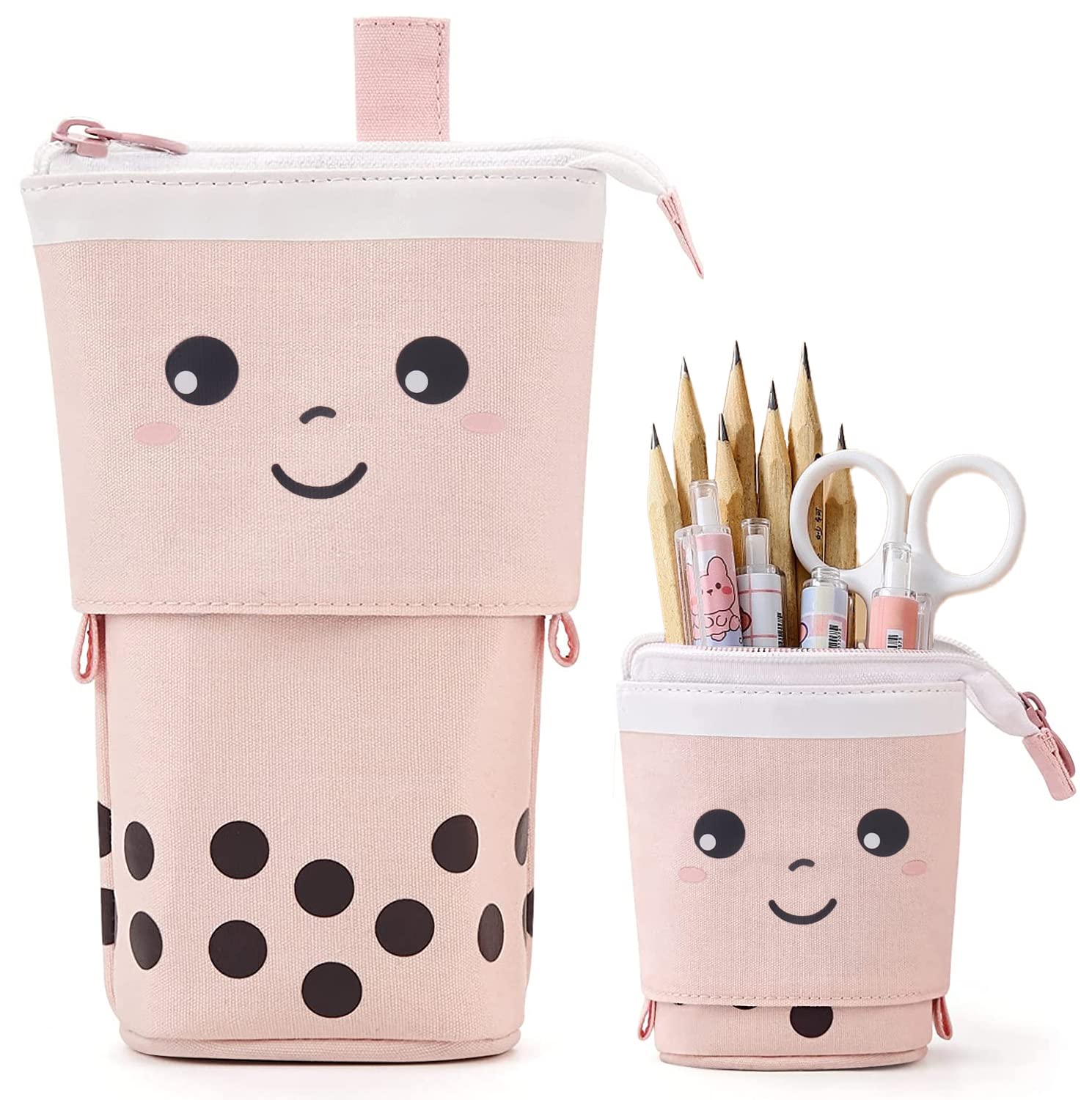 JANREAY Estuche telescópico 2 en 1, portalápices Plegable, con Soporte retráctil para lápices, para Estudiantes, Adolescentes, niñas, niños, Talla única, Bolsillo Adicional (Rosa)