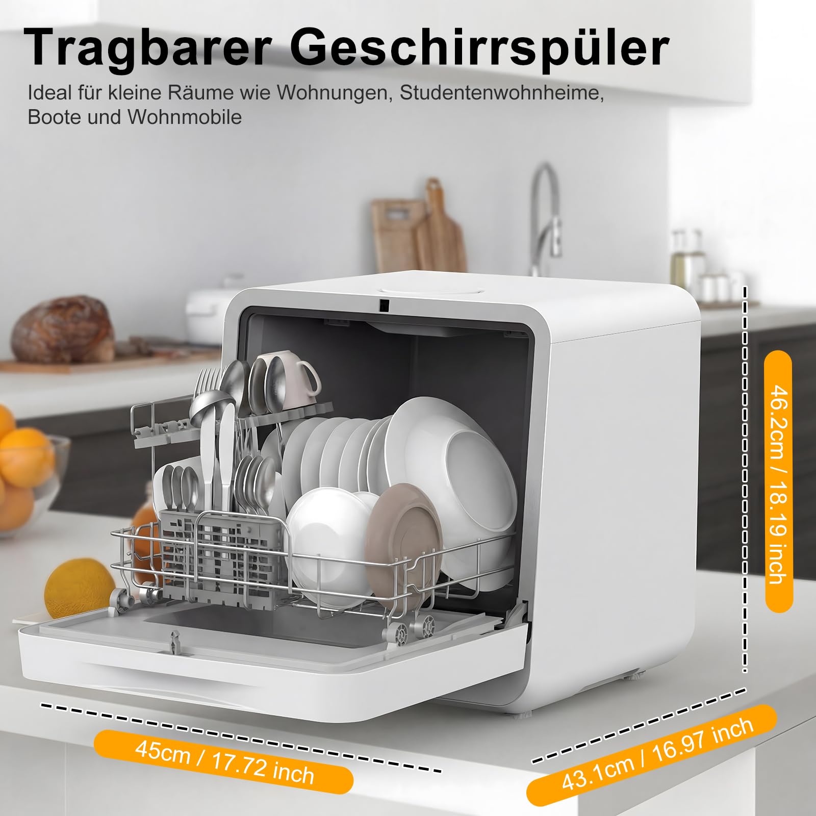 Mini Tischgeschirrspüler 5L Wassertank 6+1 Programme 360° Reinigung PTC-Lufttrocknung 24H Startzeitvorwahl