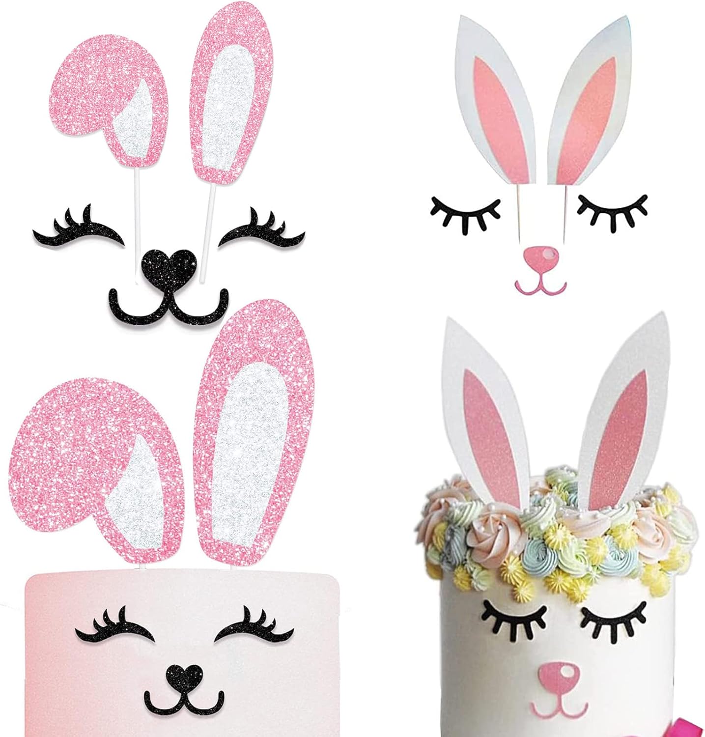 Easter Bunny Cake Toppers Decorations Glitter Bunny Ears Cake Topper with Eyelashes Nose Picks for Easter Rabbit Theme Party Decorations Spring Party Supplies