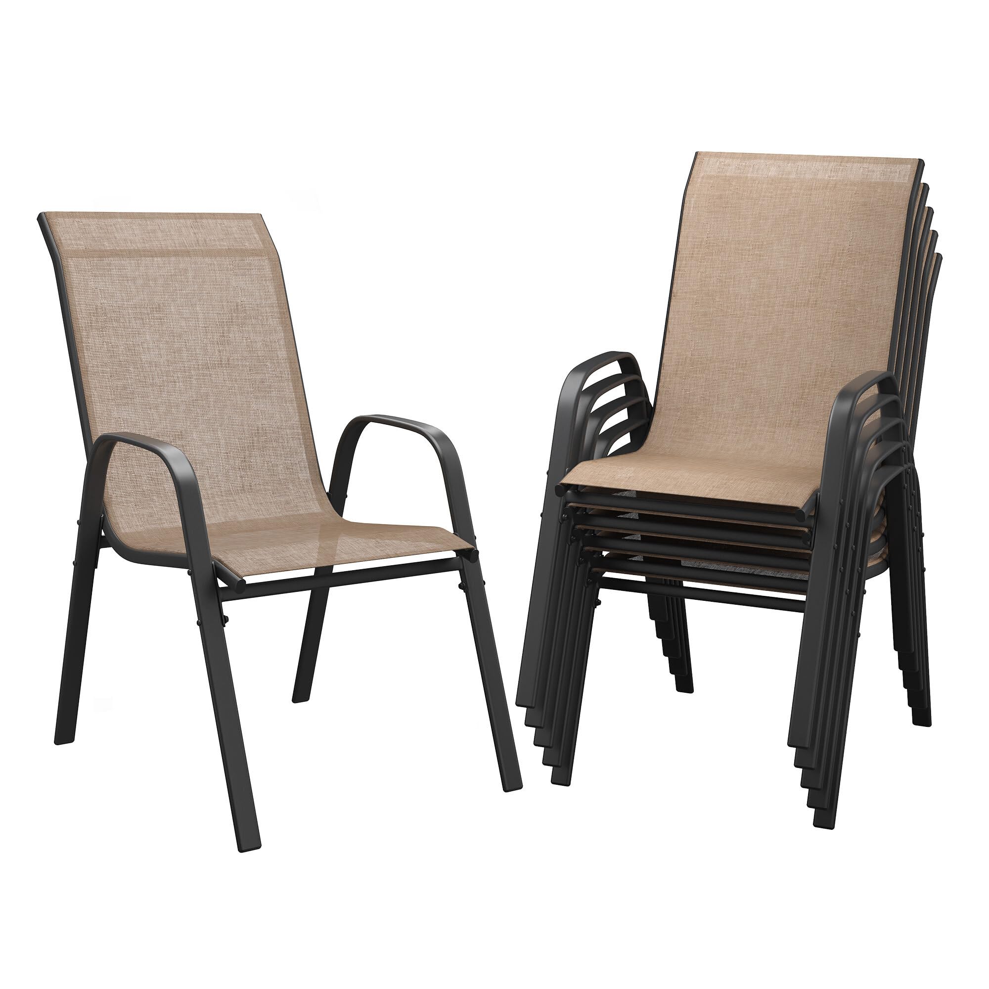 DIFY Patio Chairs Set of 6, Stackable Outdoor Dining Chairs Set with Breathable Textilene High Back and All-Weather Metal Frame for Garden, Backyard, Deck, Brwon