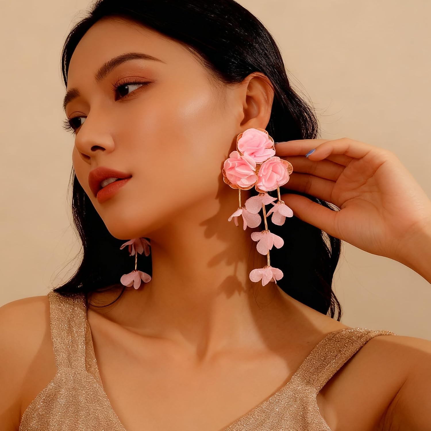 Fabric Flower Earrings for Women Colorful Long Tassel Floral Drop Earrings Fashion Boho Exaggerated Statement Beach Party Jewelry