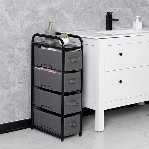 Miniatura 6 de Cómoda estrecha de 4 cajones torre de almacenamiento de tela vertical delgado organizador de pecho de almacenamiento para mesita de noche mesa