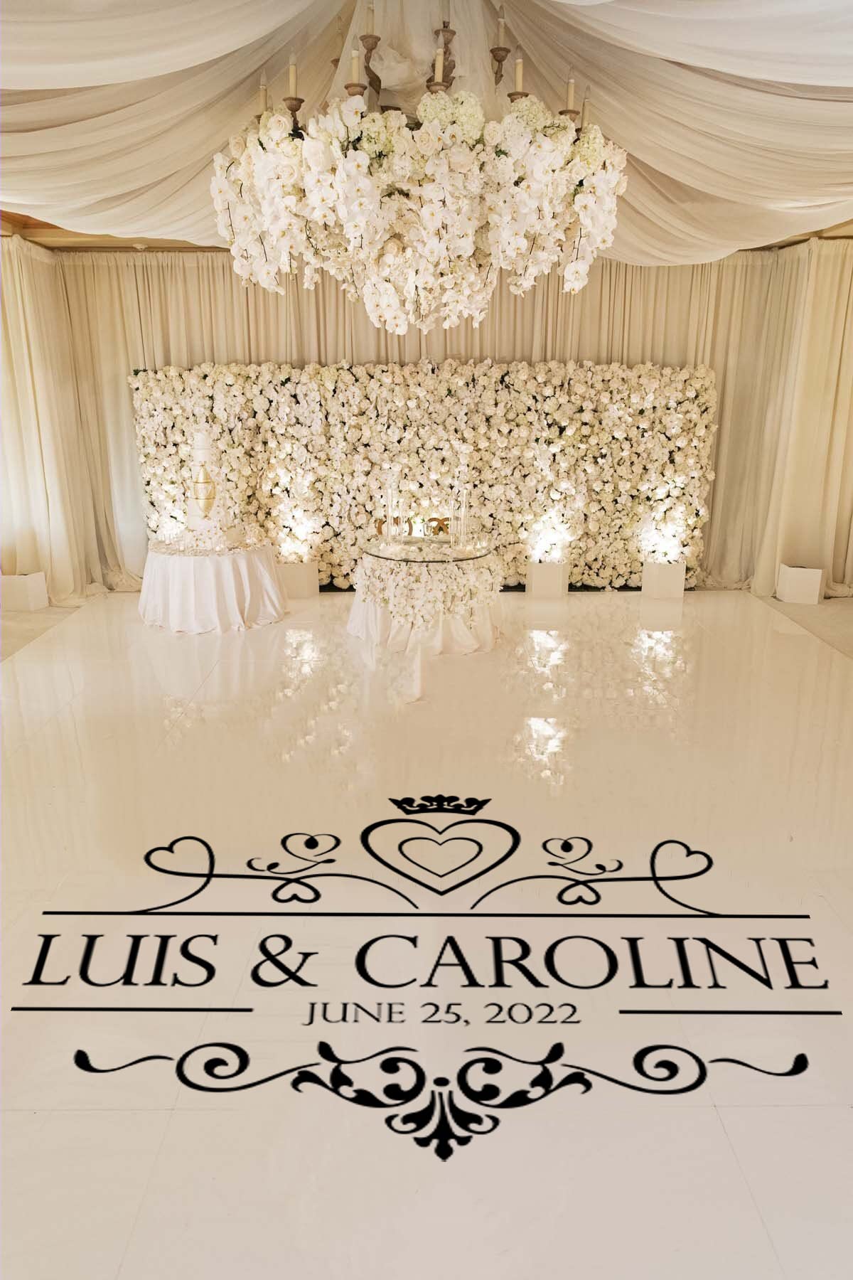 Custom wedding monogram vinyl wrap on white dance floor in Boston