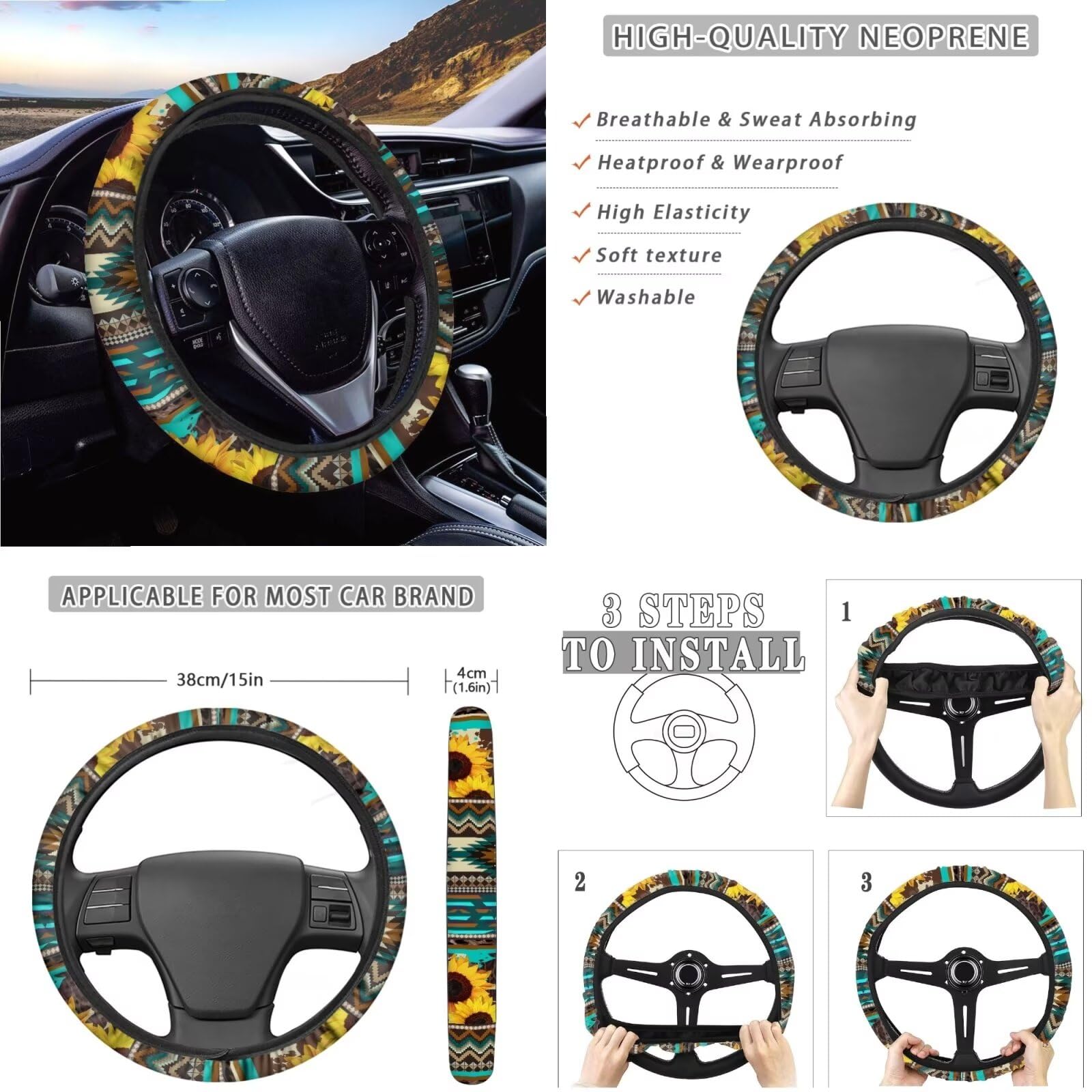 Wanyint Aztec - Set di 14 coprisedili per auto, con coprivolante, copertura per cintura di sicurezza, copertura per bracciolo, specchietto retrovisore, sottobicchiere, pomello del cambio, adatto per